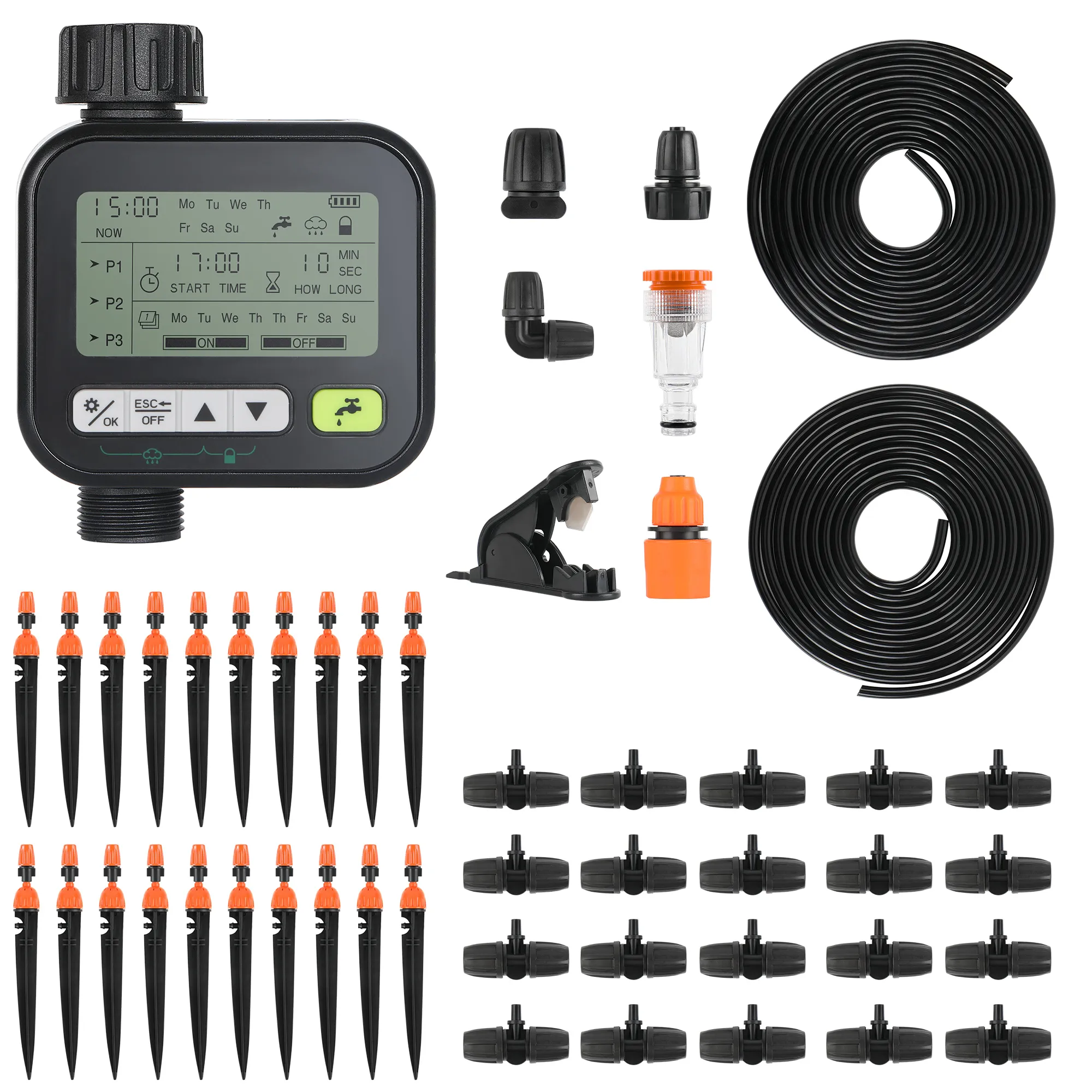 Water timer with 30m hoses and 20 nozzles for drip irrigation or spray