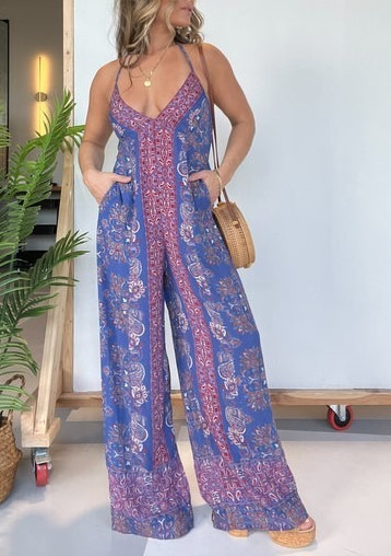 Floral Halter Flowy Jumpsuit With Pockets