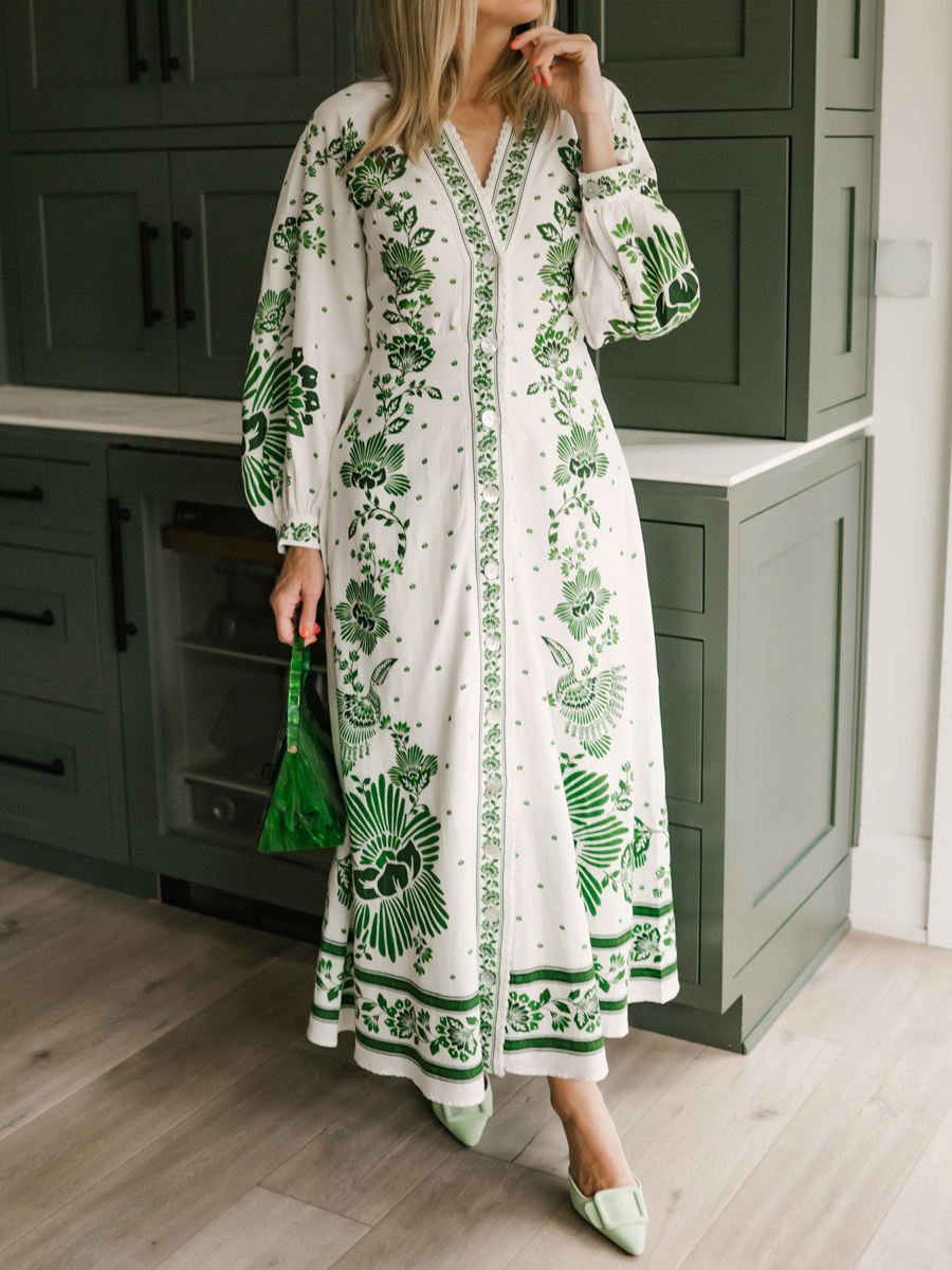 Button Up Printed Long Sleeve Maxi Dress