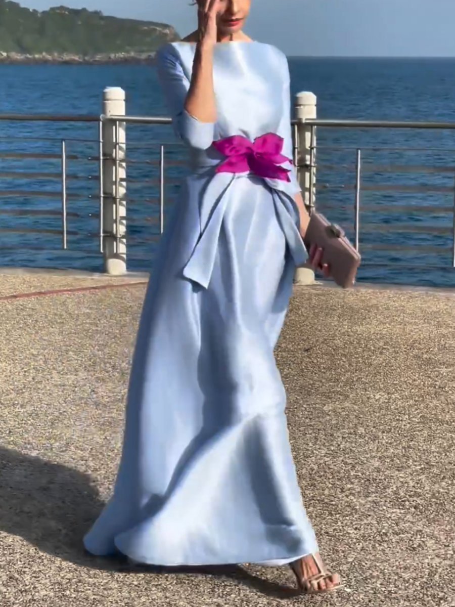 Blue Silk Pink Flower Gown Dress