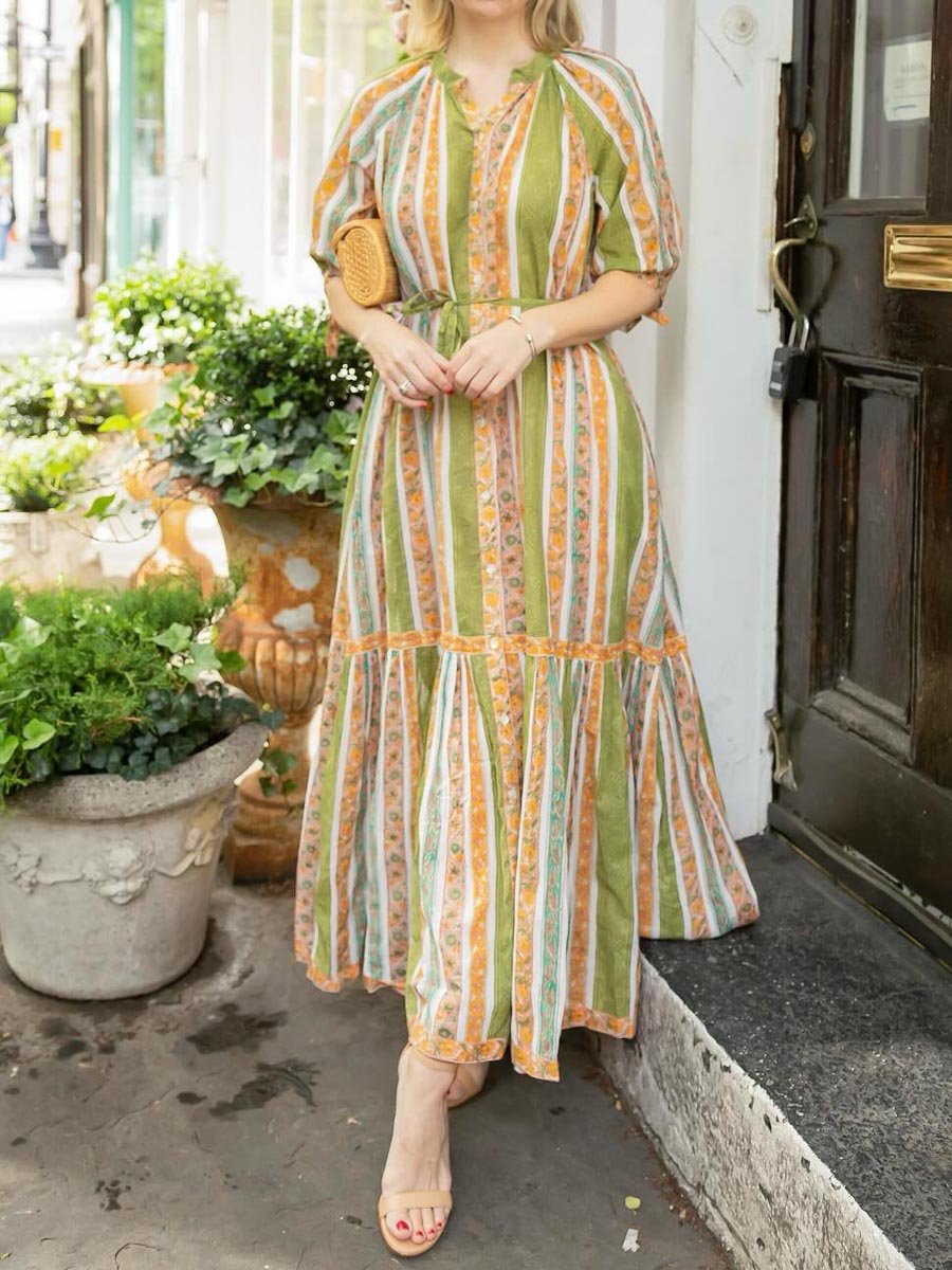 Collar Yellow Striped Short Sleeve Dress