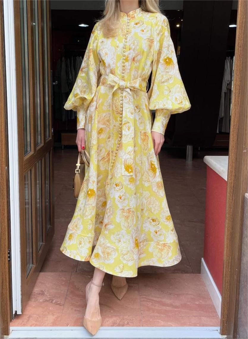 Yellow Flower Lantern Sleeve Maxi Dress