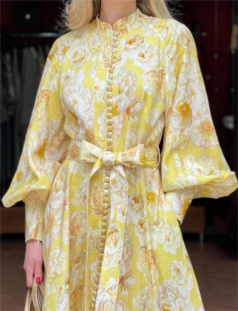 Yellow Flower Lantern Sleeve Maxi Dress