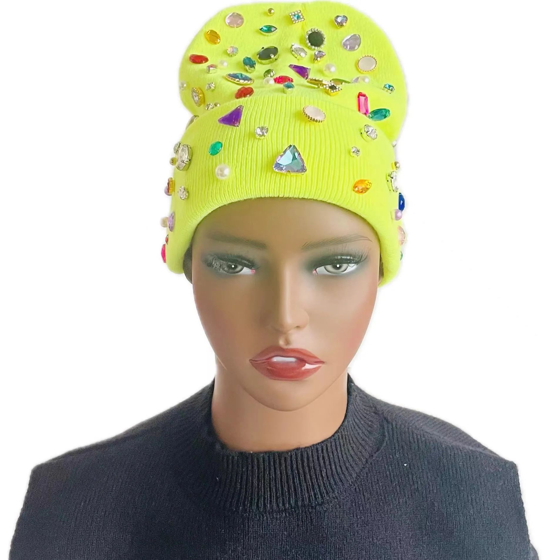 Fluorescent Yellow Bejeweled Beanie