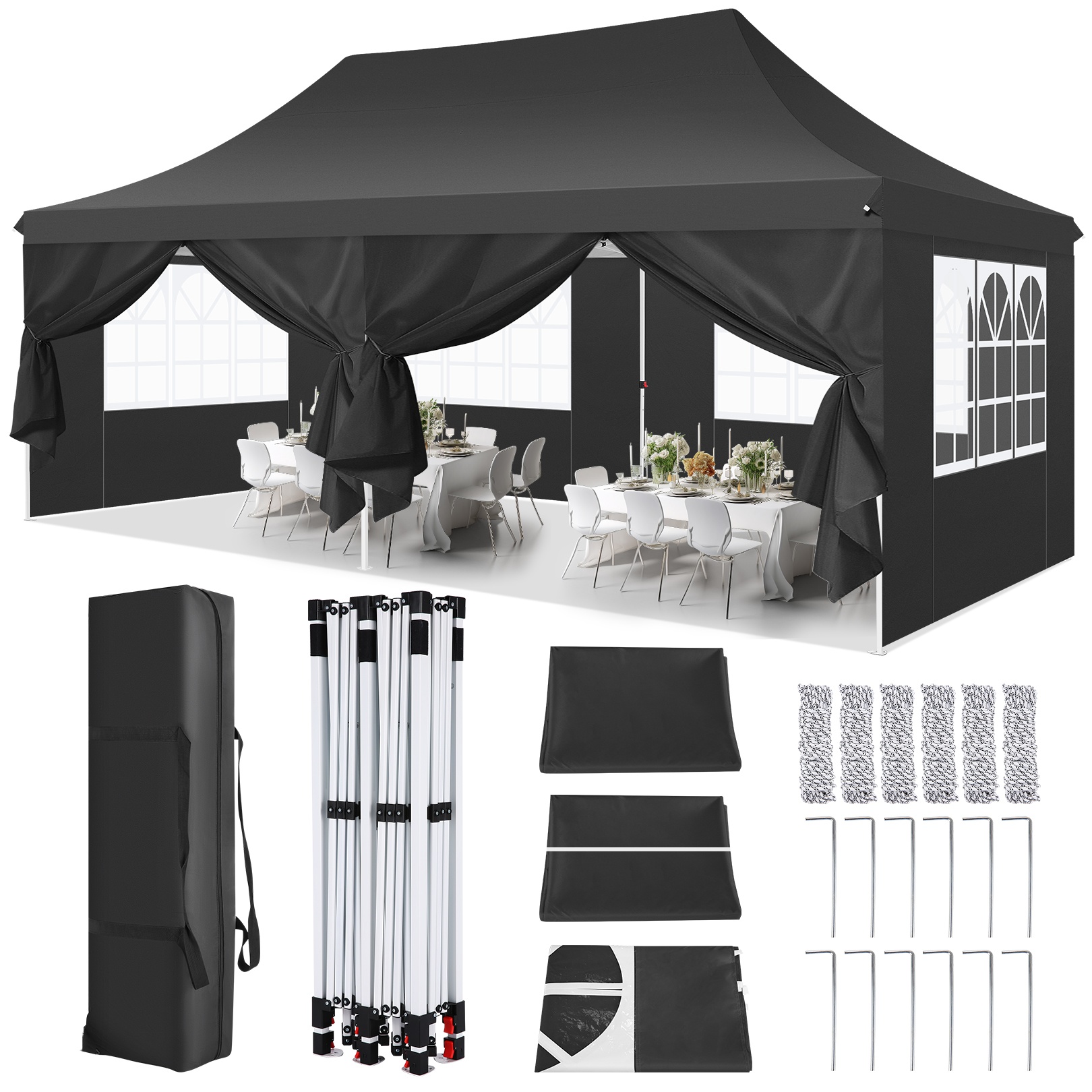 SANOPY 10' x 20' EZ Pop up Canopy Party Tent, Outdoor Event Instant Gazebo with 6 Removable Sidewalls for Camping Wedding Picnic, White