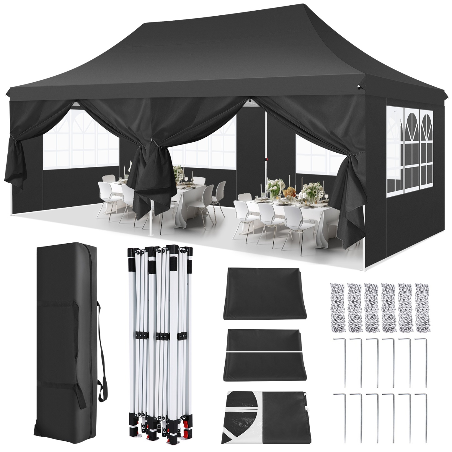 SANOPY 10' x 20' EZ Pop up Canopy Party Tent, Outdoor Event Instant Gazebo with 6 Removable Sidewalls for Camping Wedding Picnic, White