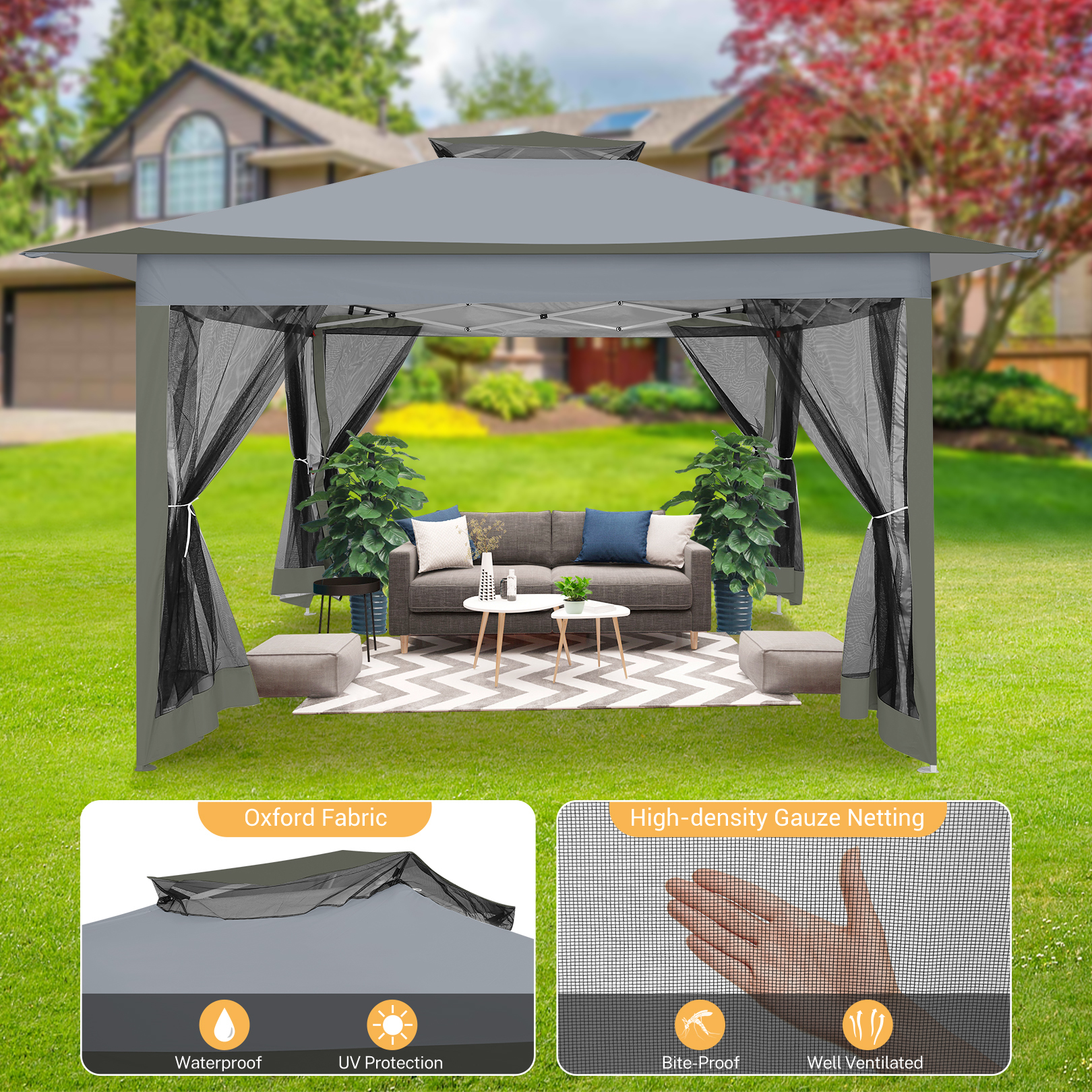 SANOPY 12x12 Outdoor Pop-up Gazebo Canopy with Mosquito Netting 2-Tiered Vented Top 3 Adjustable Height for Backyard, Garden, Lawn, Dark Gray