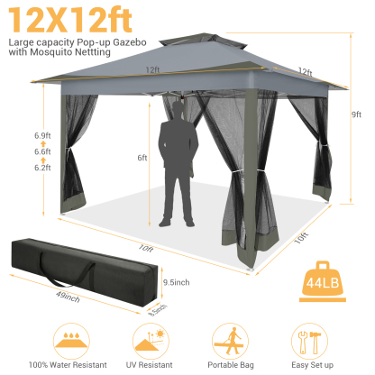 SANOPY 12x12 Outdoor Pop-up Gazebo Canopy with Mosquito Netting 2-Tiered Vented Top 3 Adjustable Height for Backyard, Garden, Lawn, Dark Gray