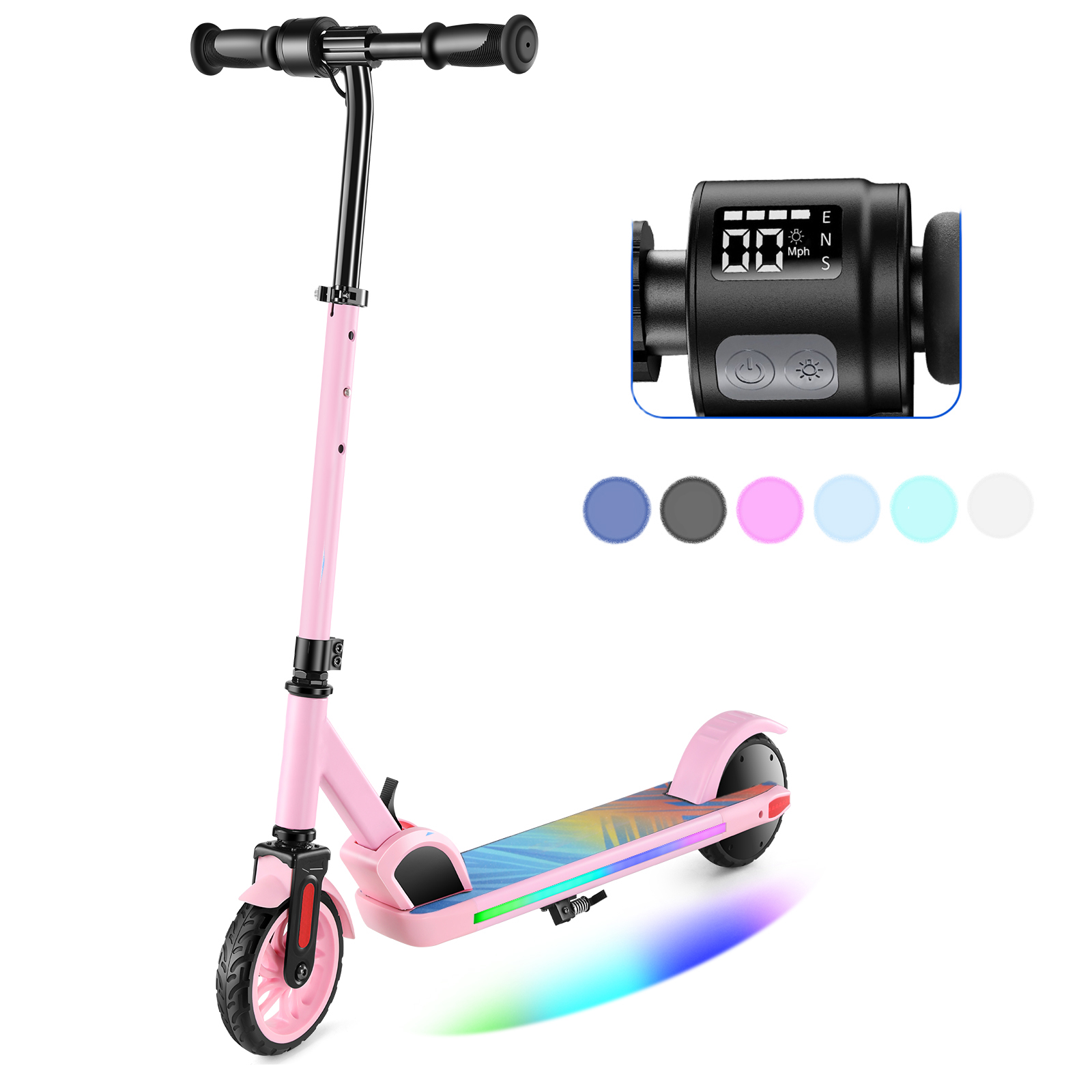 SANOPY Electric Scooter for Kids Ages 6-14, Adjustable Speed & Height, Colorful Lights, LED Display, 150W Motor, up to 10 mph, 80 Mins Ride Time, Pink