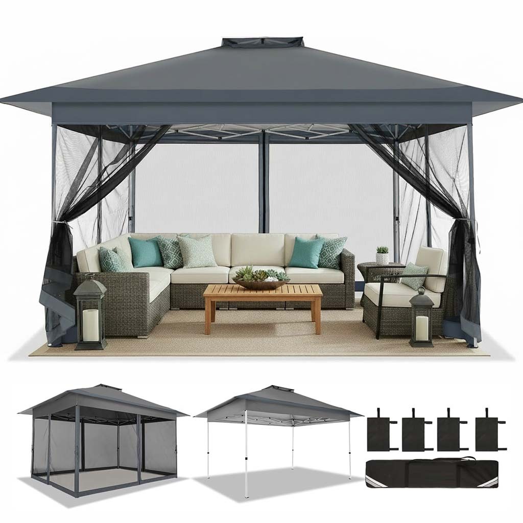 HOTEEL Outdoor Pop-up Gazebo Canopy with Mosquito Netting 2-Tiered Vented Top 3 Adjustable Height for Backyard, Garden, Lawn