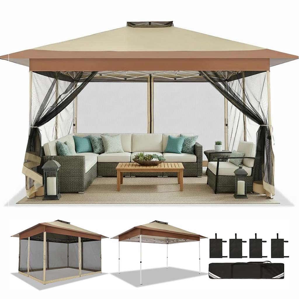 HOTEEL Outdoor Pop-up Gazebo Canopy with Mosquito Netting 2-Tiered Vented Top 3 Adjustable Height for Backyard, Garden, Lawn