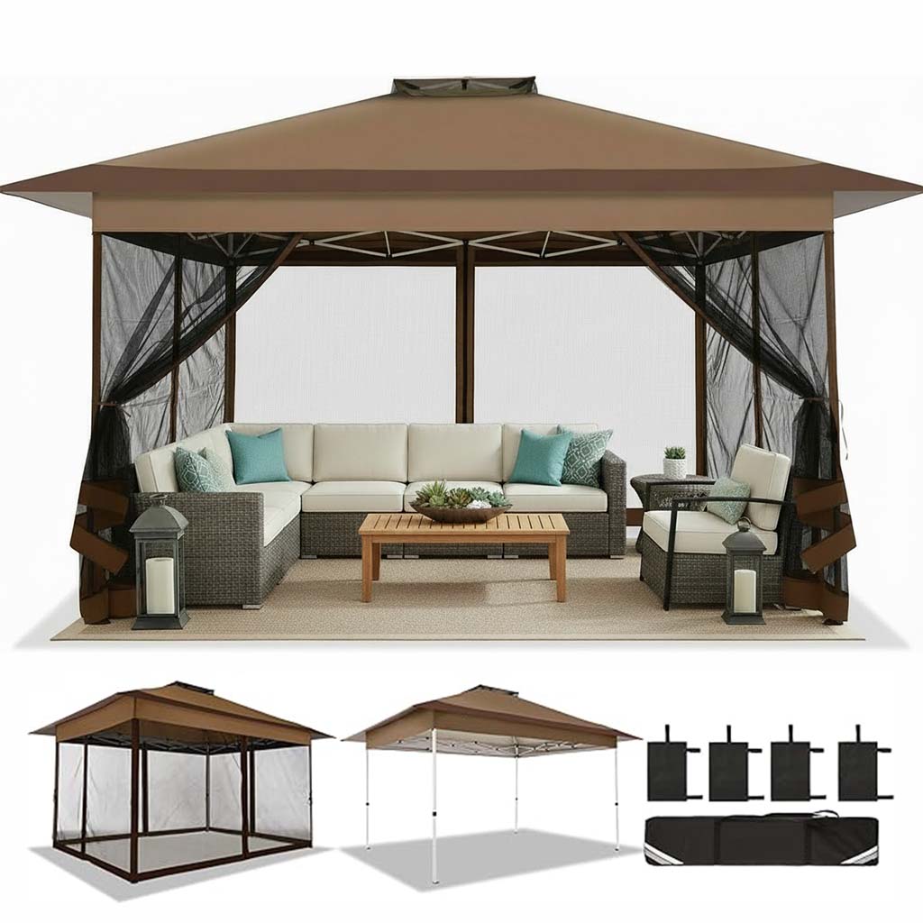 HOTEEL Outdoor Pop-up Gazebo Canopy with Mosquito Netting 2-Tiered Vented Top 3 Adjustable Height for Backyard, Garden, Lawn