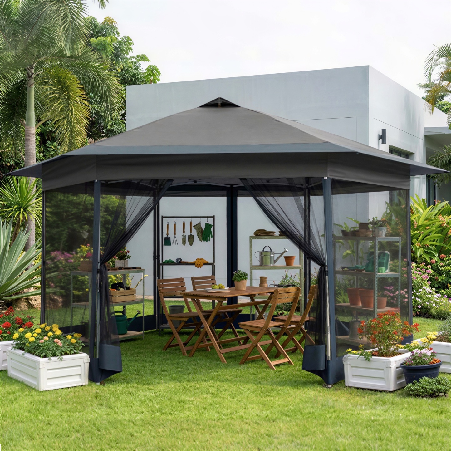 HOTEEL 16x16 ft Hexagon Pop Up Gazebo with Netting, 256 Square Feet Extra Large Shade Area Outdoor Canopy Tent, Patio Gazebo with 3 Adjustable Heights & Carry Bag