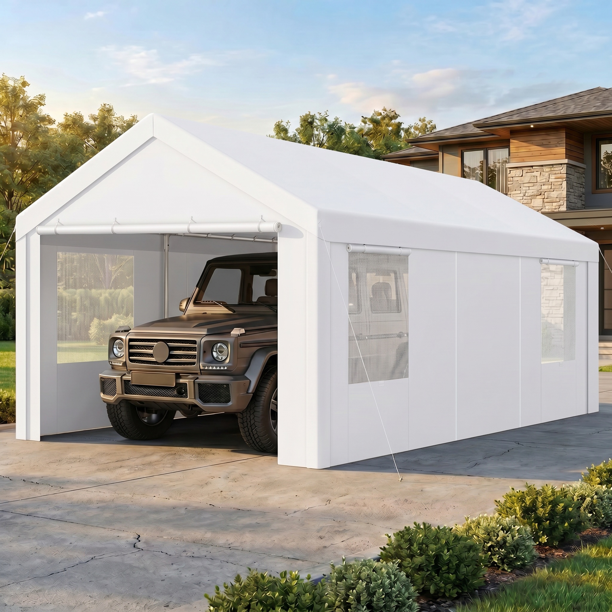 SANOPY Heavy Duty 20x20 ft Carport Portable Garage Car Canopy with Roll-Up Door & 4 Removable Sidewalls, 160G Waterproof Cover Outdoor Car Shelter for Car Truck Boat, Gray