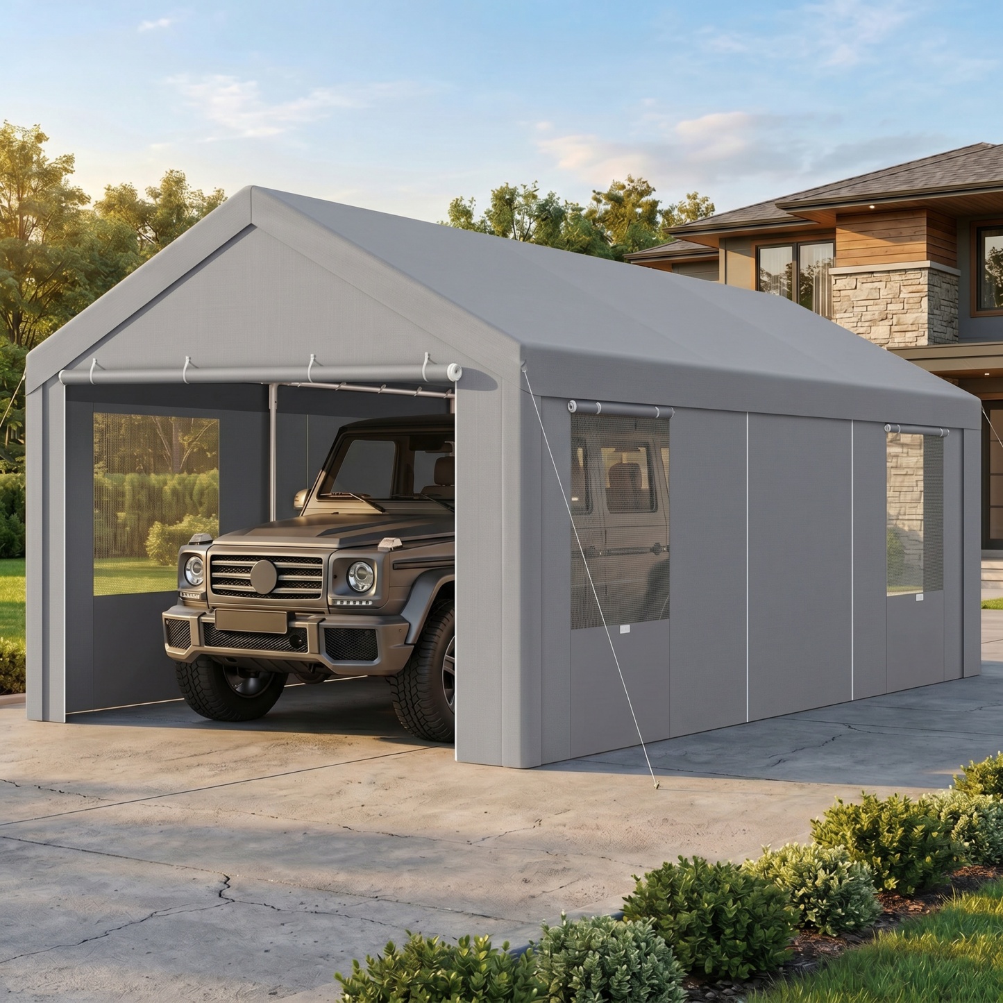 SANOPY Heavy Duty 20x20 ft Carport Portable Garage Car Canopy with Roll-Up Door & 4 Removable Sidewalls, 160G Waterproof Cover Outdoor Car Shelter for Car Truck Boat, Gray