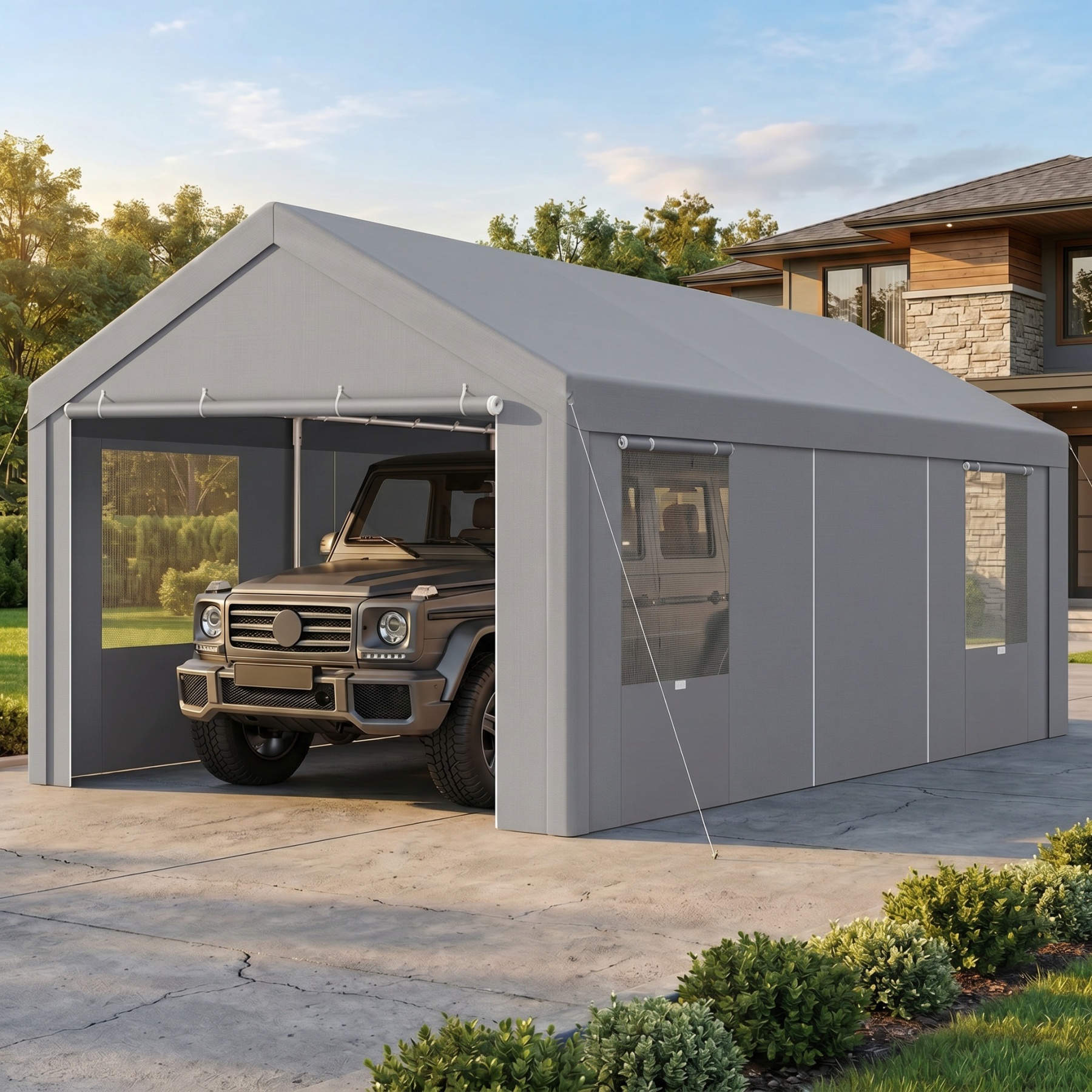 SANOPY Heavy Duty 20x20 ft Carport Portable Garage Car Canopy with Roll-Up Door & 4 Removable Sidewalls, 160G Waterproof Cover Outdoor Car Shelter for Car Truck Boat, Gray