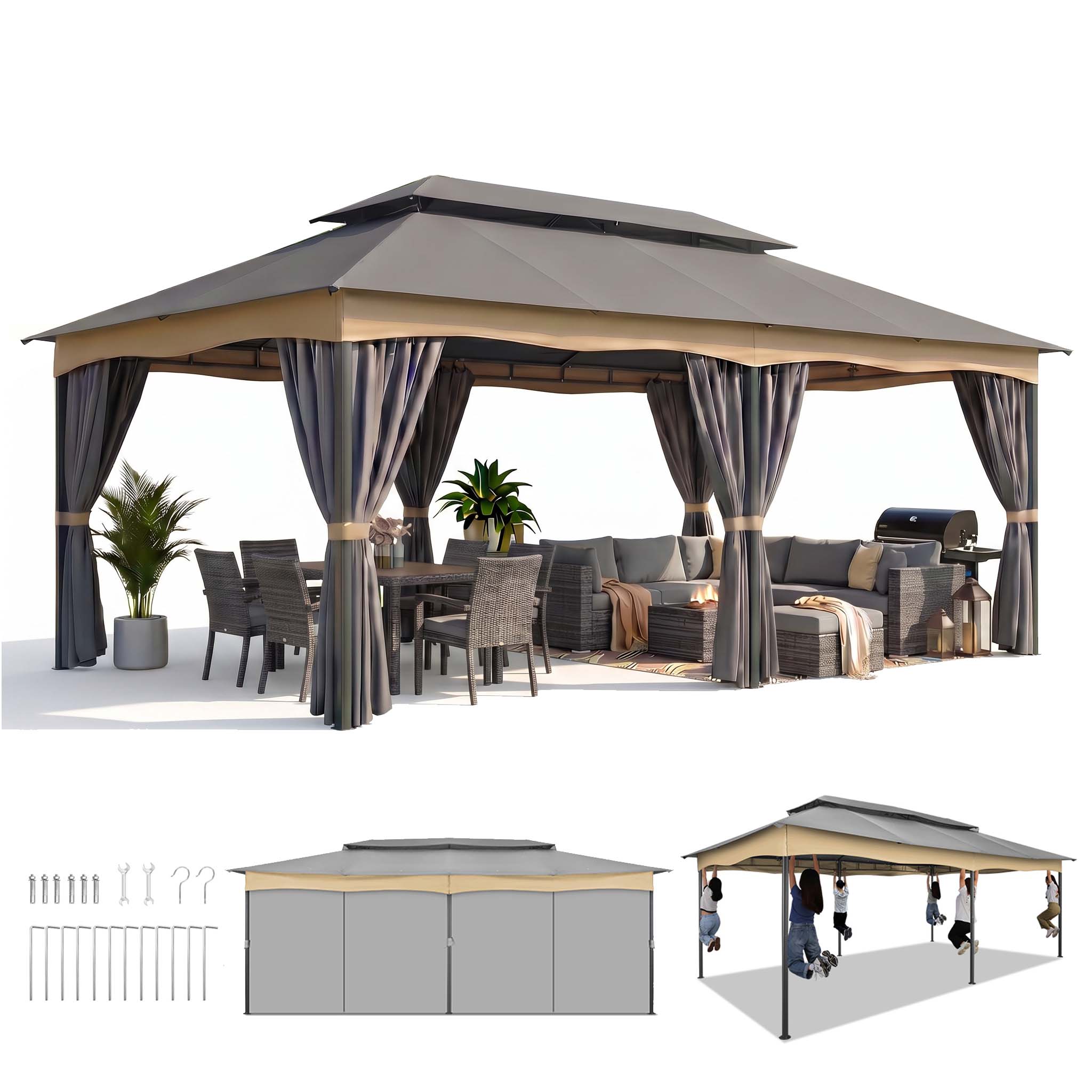 HOTEEL 10x10 Gazebos for Patios, Canopy Tent Outdoor Gazebo Backyard Gazebo Patio with Mosquito Netting and Double Roof for Party, Wedding, BBQ and Event,