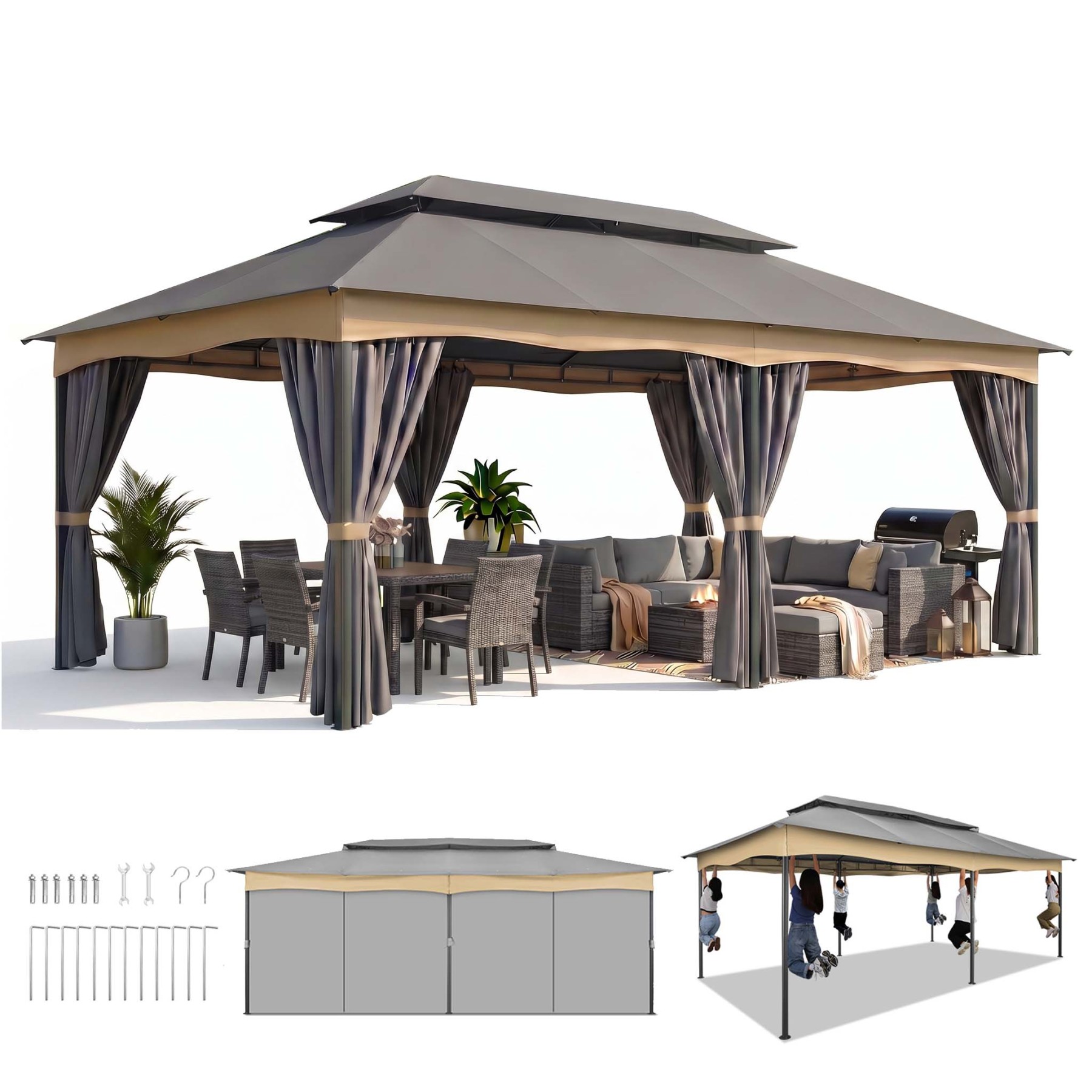 HOTEEL 10x10 Gazebos for Patios, Canopy Tent Outdoor Gazebo Backyard Gazebo Patio with Mosquito Netting and Double Roof for Party, Wedding, BBQ and Event,