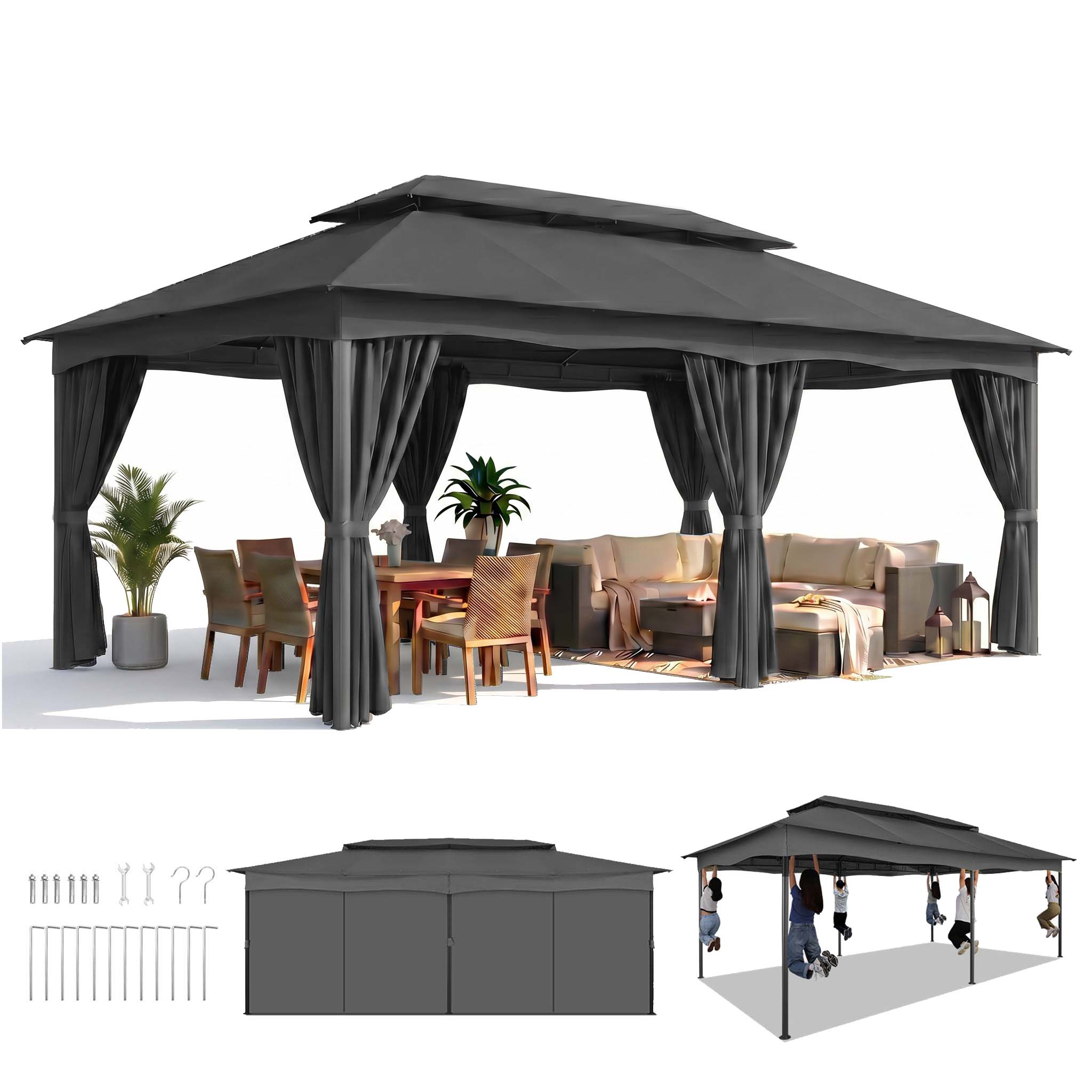 HOTEEL 10x10 Gazebos for Patios, Canopy Tent Outdoor Gazebo Backyard Gazebo Patio with Mosquito Netting and Double Roof for Party, Wedding, BBQ and Event,
