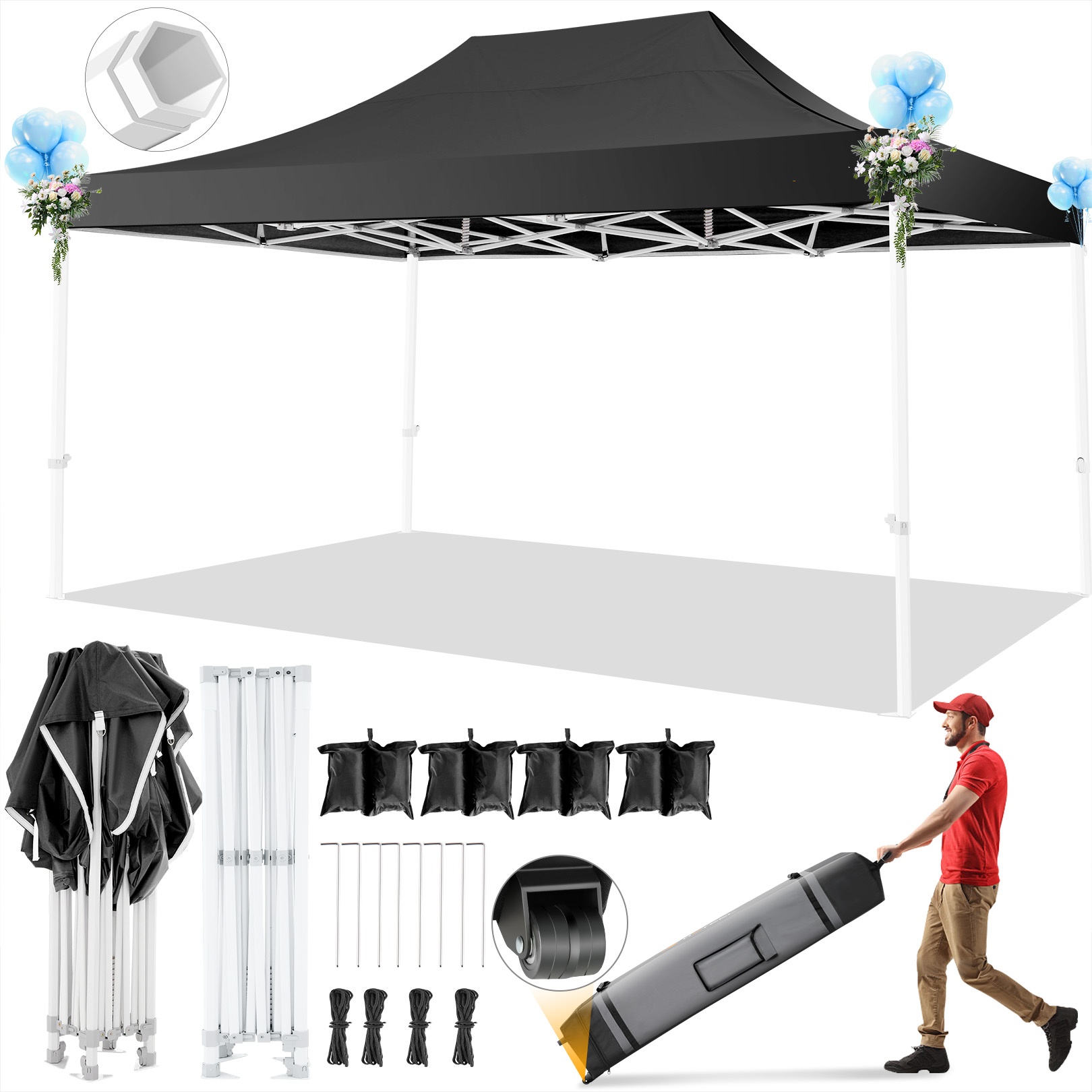 SANOPY 10' x 15' Heavy Duty Pop up Canopy, Instant Commercial Tent for Party with White Upgraded Hexagonal Bracket, Portable Gazebo with 4 Sangbags, Roller Bag, White