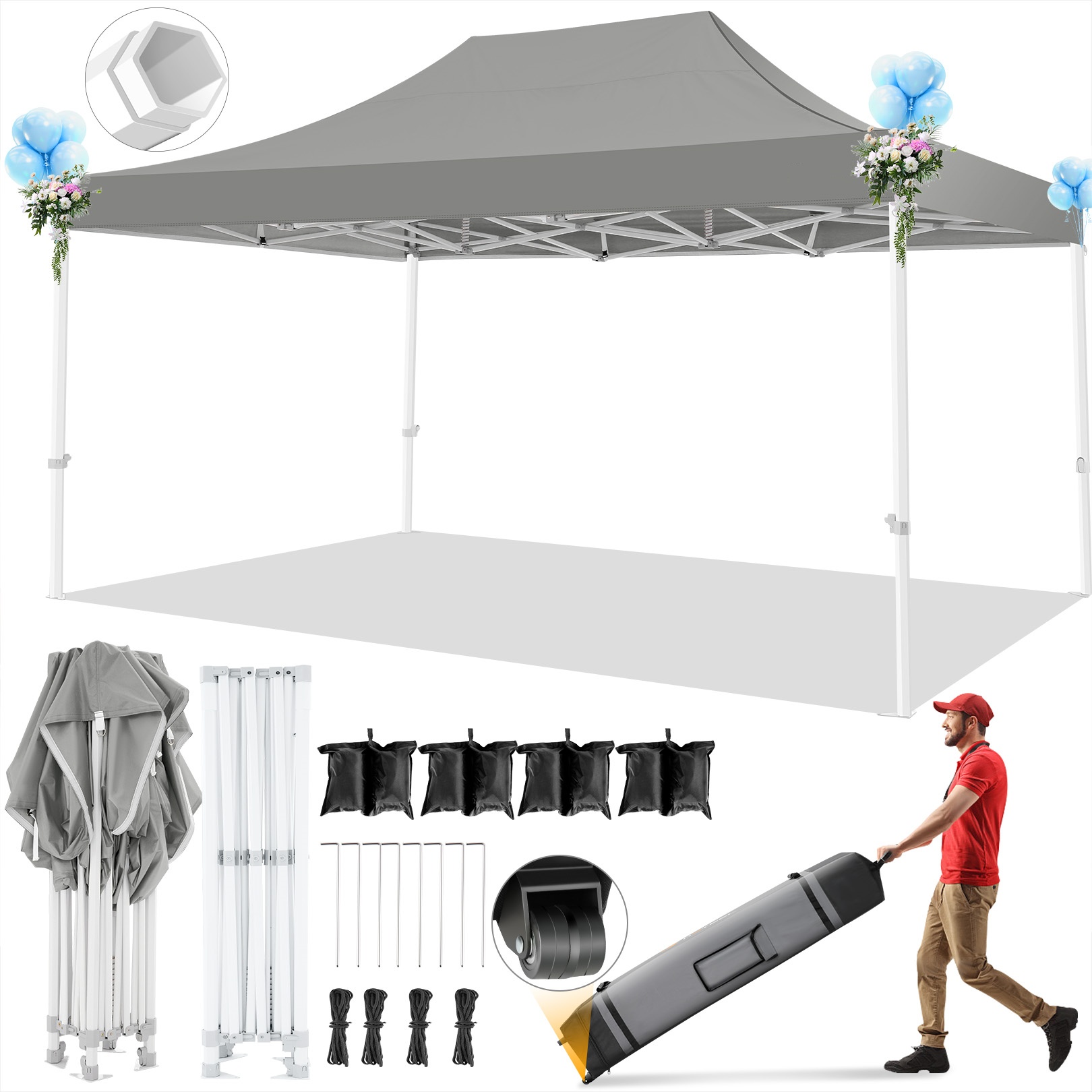 SANOPY 10' x 15' Heavy Duty Pop up Canopy, Instant Commercial Tent for Party with White Upgraded Hexagonal Bracket, Portable Gazebo with 4 Sangbags, Roller Bag, White