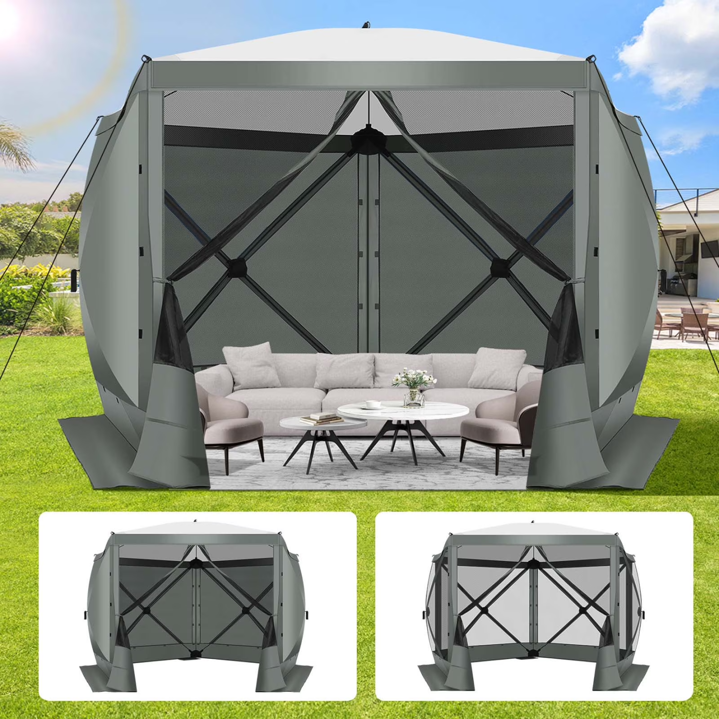 Hoteel Camping Gazebo Screen Tent, 5 Sided Pop-up Canopy Shelter with Mesh Windows, Portable Carry Bag, Stakes, Waterproof, UV 50+, Large Shade Tents for Outdoor Camping, Backyard