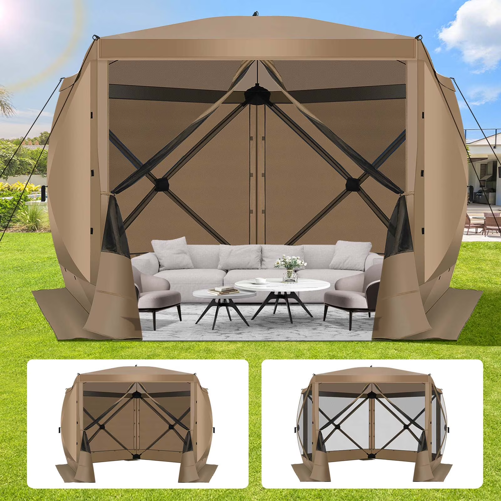Hoteel Camping Gazebo Screen Tent, 5 Sided Pop-up Canopy Shelter with Mesh Windows, Portable Carry Bag, Stakes, Waterproof, UV 50+, Large Shade Tents for Outdoor Camping, Backyard