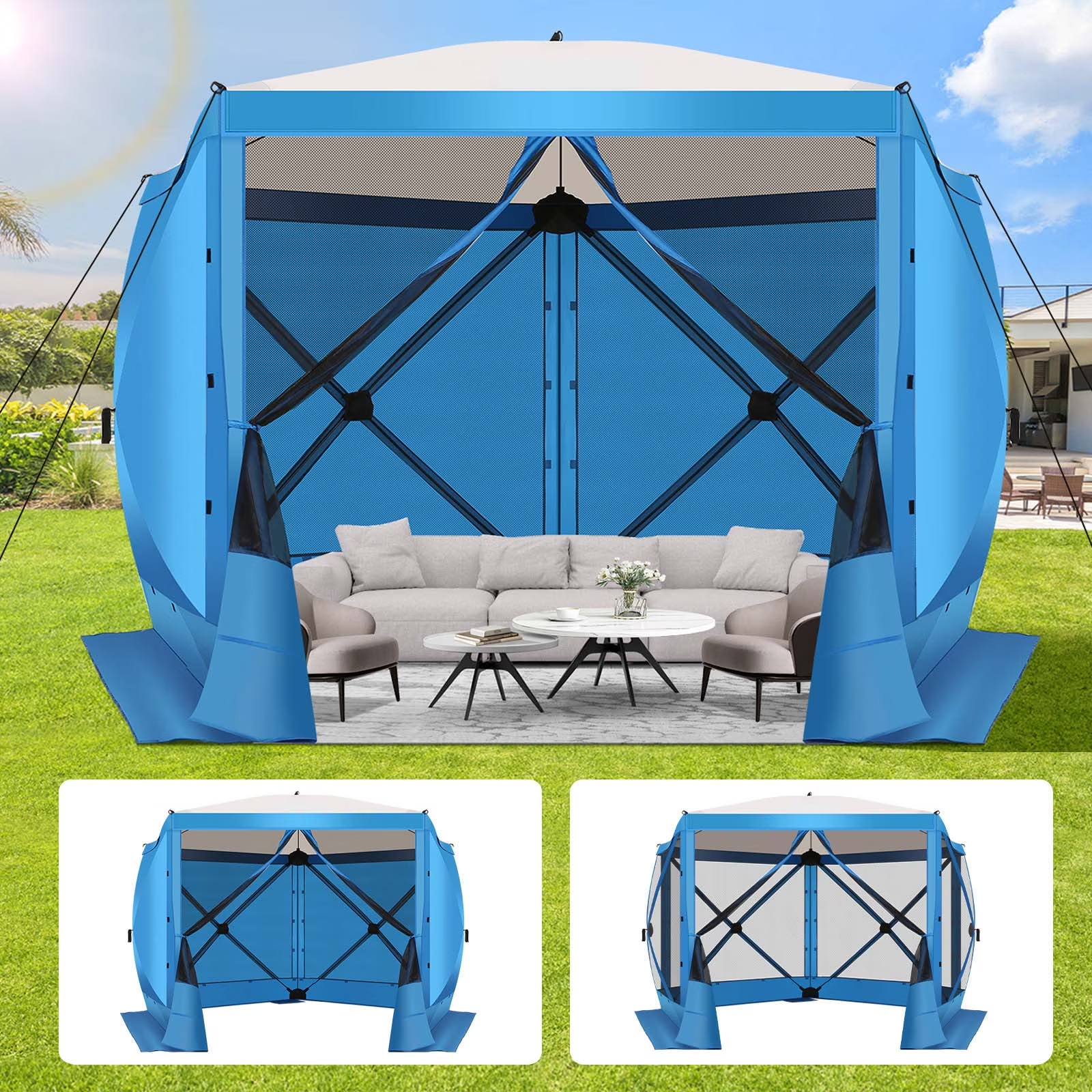Hoteel Camping Gazebo Screen Tent, 5 Sided Pop-up Canopy Shelter with Mesh Windows, Portable Carry Bag, Stakes, Waterproof, UV 50+, Large Shade Tents for Outdoor Camping, Backyard