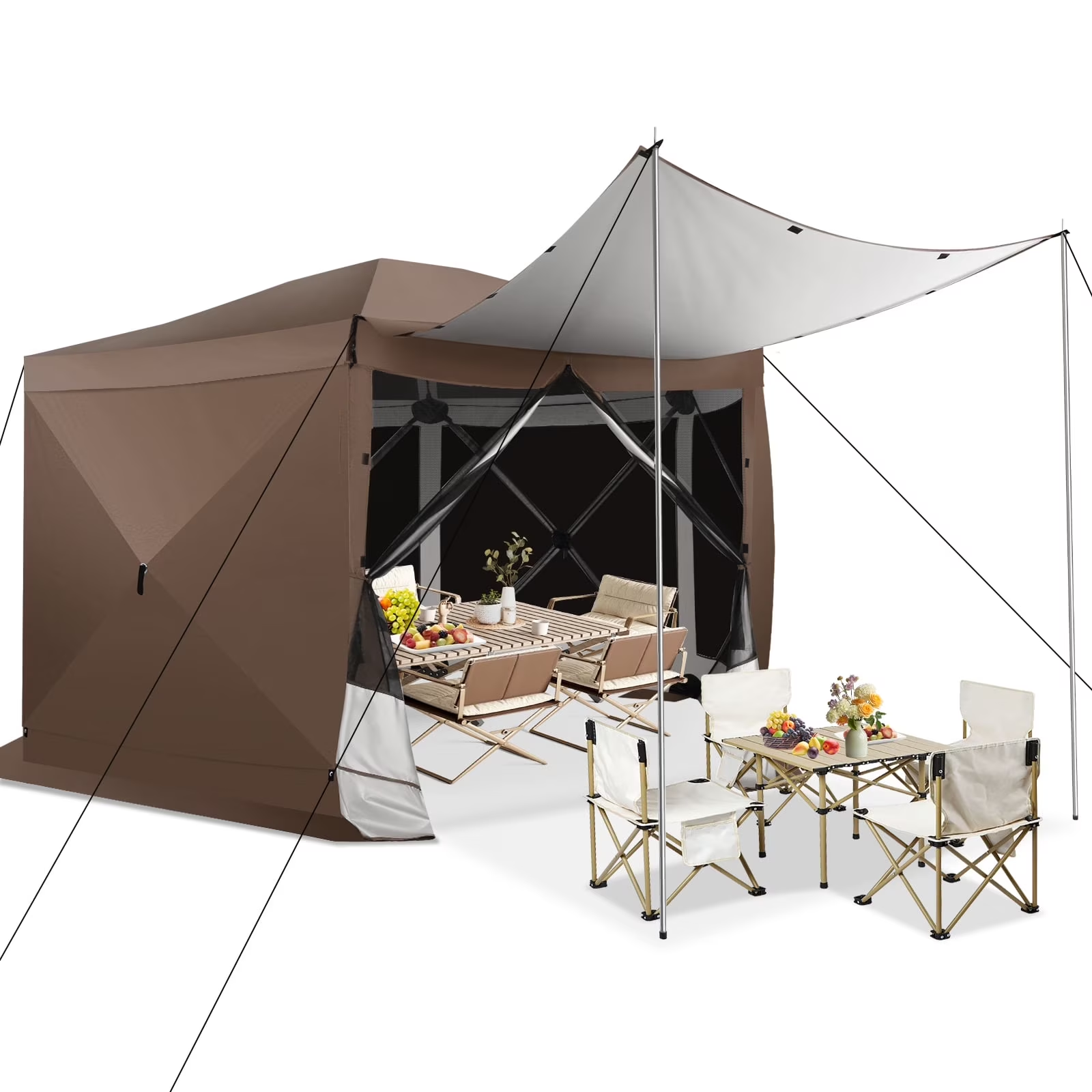 Hoteel Camping Gazebo Screen Tent, 5 Sided Pop-up Canopy Shelter with Mesh Windows, Portable Carry Bag, Stakes, Waterproof, UV 50+, Large Shade Tents for Outdoor Camping, Backyard