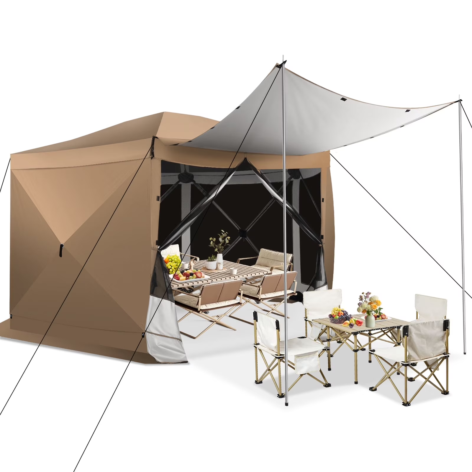 Hoteel Camping Gazebo Screen Tent, 5 Sided Pop-up Canopy Shelter with Mesh Windows, Portable Carry Bag, Stakes, Waterproof, UV 50+, Large Shade Tents for Outdoor Camping, Backyard