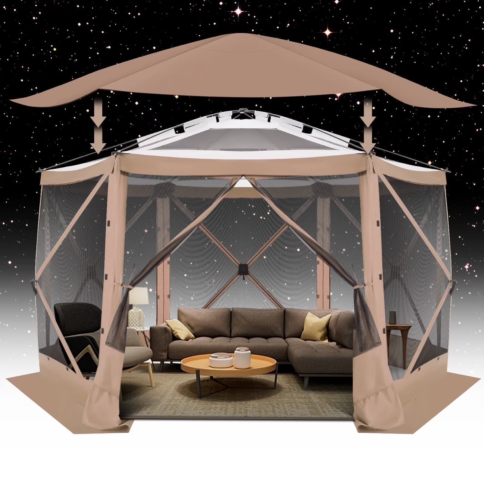 Hoteel Camping Gazebo Screen Tent, 5 Sided Pop-up Canopy Shelter with Mesh Windows, Portable Carry Bag, Stakes, Waterproof, UV 50+, Large Shade Tents for Outdoor Camping, Backyard