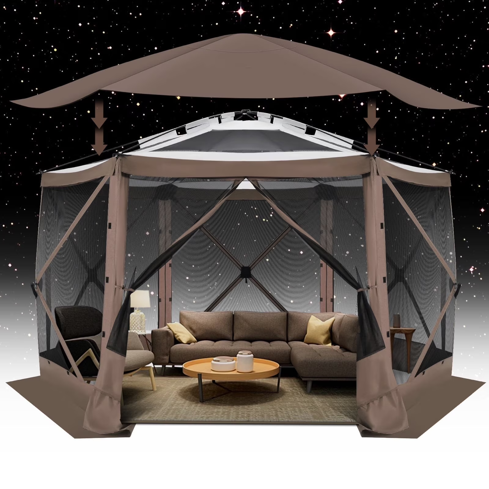 Hoteel Camping Gazebo Screen Tent, 5 Sided Pop-up Canopy Shelter with Mesh Windows, Portable Carry Bag, Stakes, Waterproof, UV 50+, Large Shade Tents for Outdoor Camping, Backyard