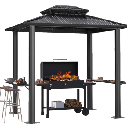 HOTEEL 10'x12' Hardtop Gazebo Heavy Duty Outdoor Gazebo with Galvanized Steel Double Roof, Flame-Retardant Curtains and Netting, Permanent Gazebo for Patio, Lawn and Backyard