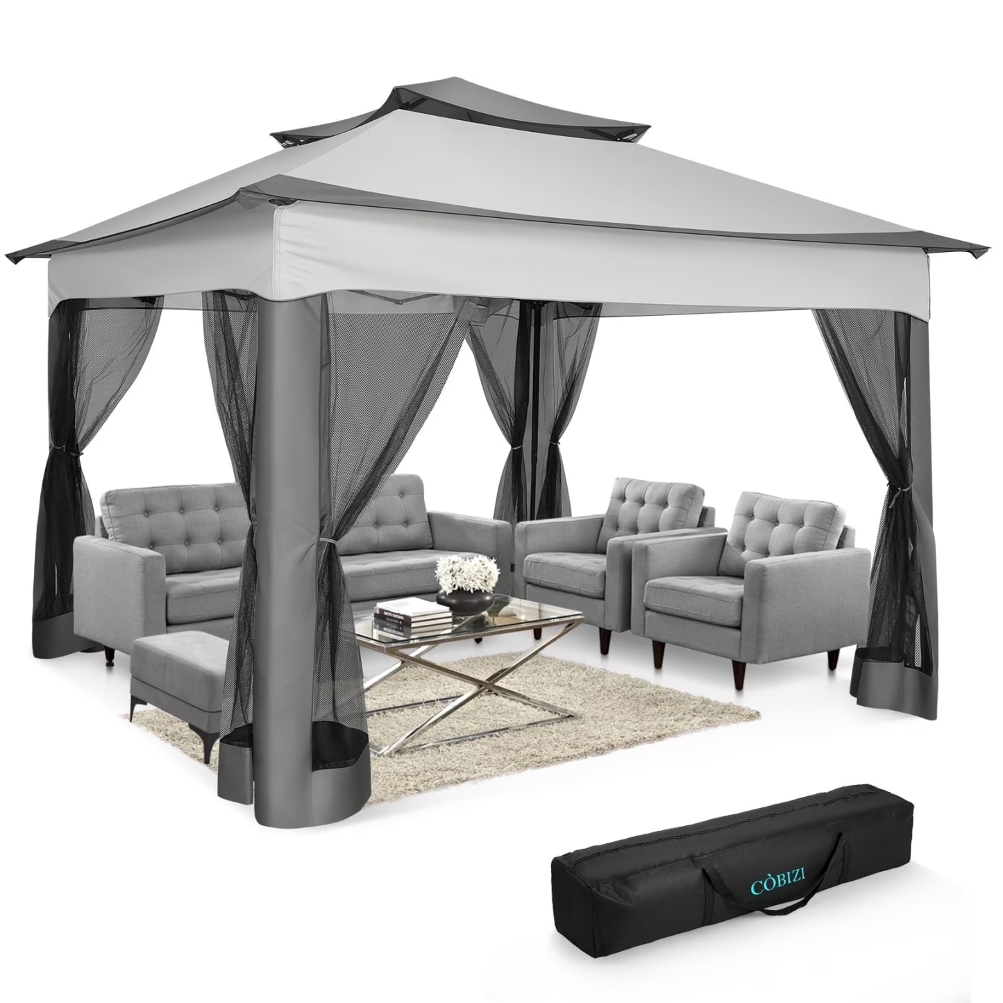 HOTEEL Pop up Gazebo Tent Waterproof Instant Outdoor Sun Shade Canopy with Mosquito Nettings, Double Roofs for Shade for Lawn, Garden, Backyard & Deck