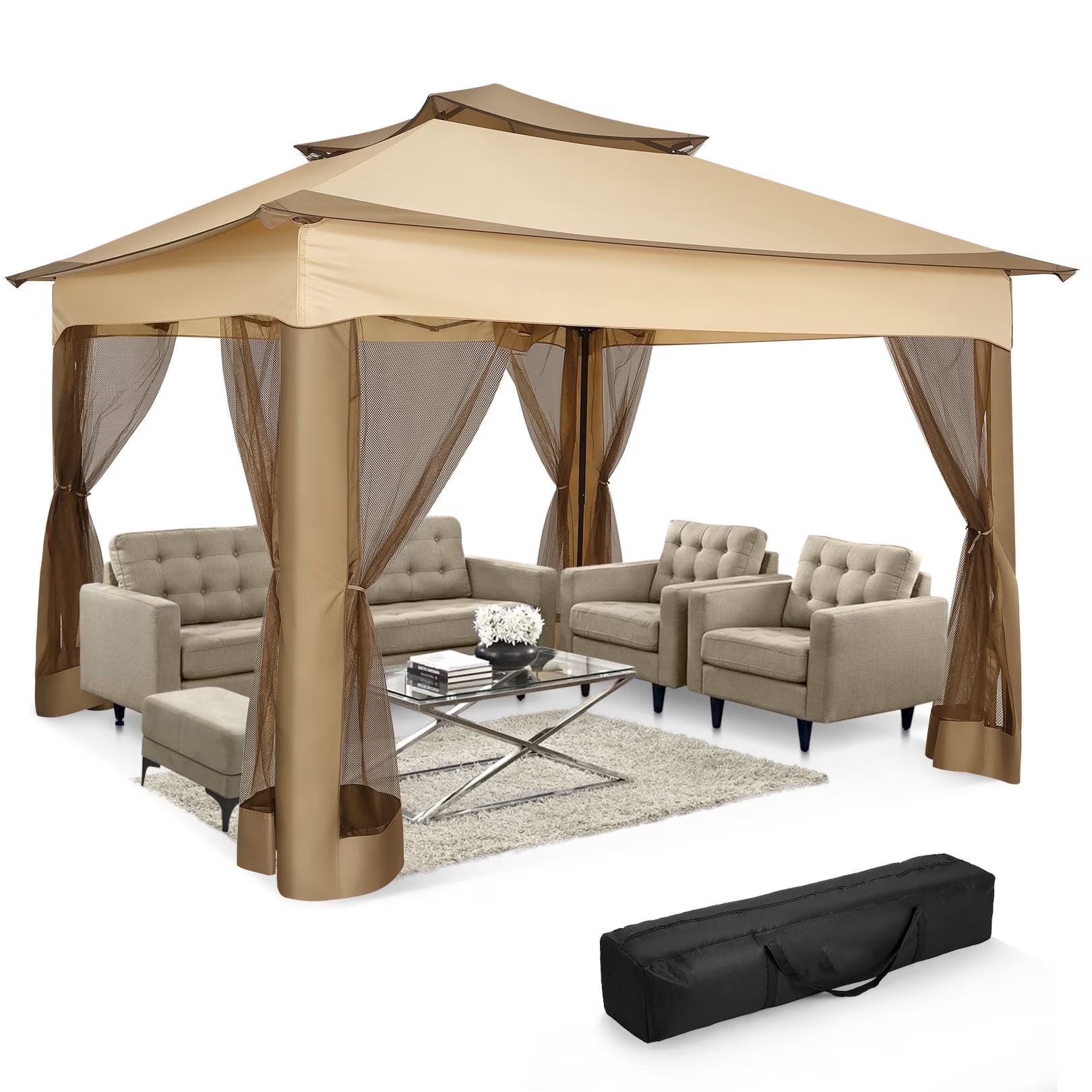 HOTEEL Pop up Gazebo Tent Waterproof Instant Outdoor Sun Shade Canopy with Mosquito Nettings, Double Roofs for Shade for Lawn, Garden, Backyard & Deck