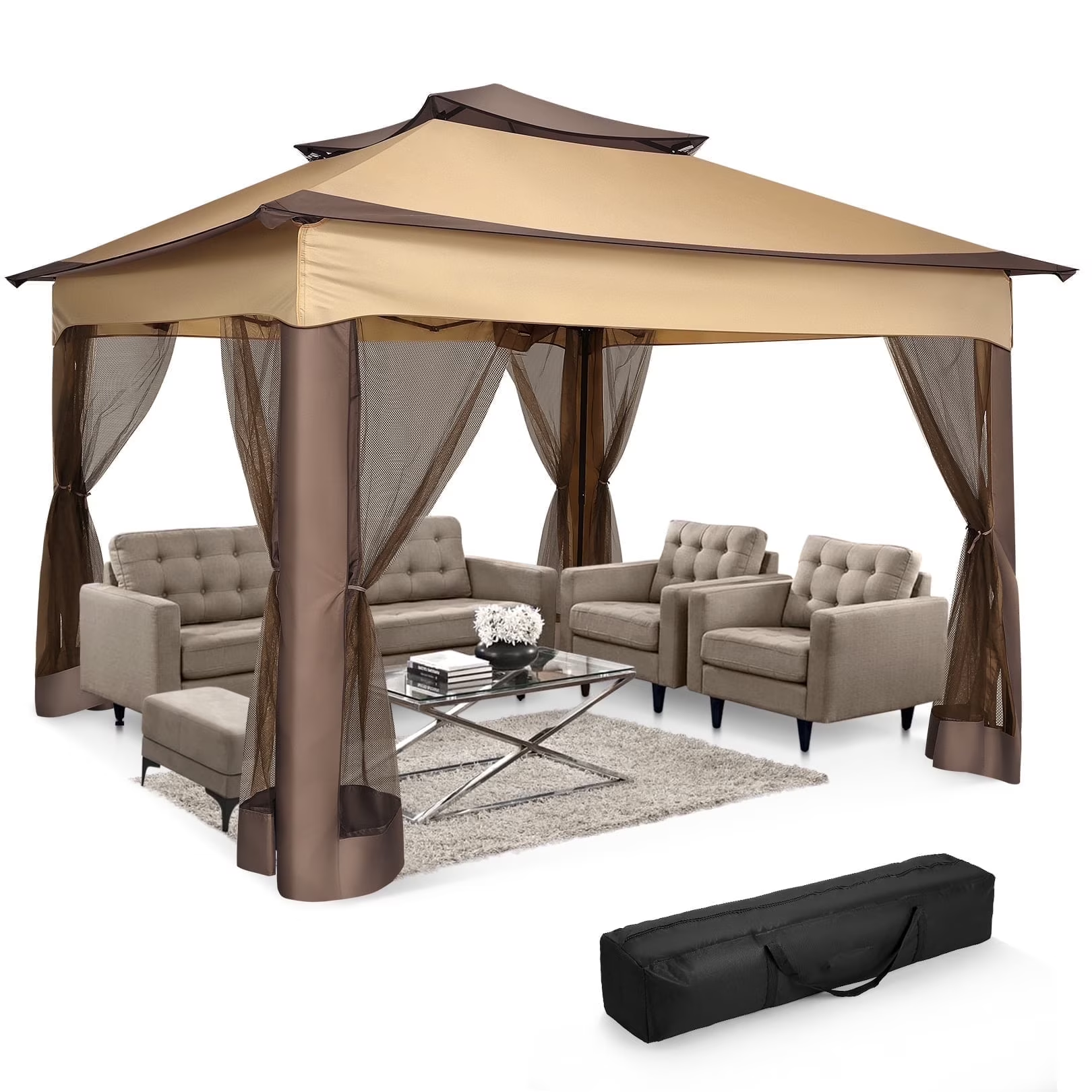 HOTEEL Pop up Gazebo Tent Waterproof Instant Outdoor Sun Shade Canopy with Mosquito Nettings, Double Roofs for Shade for Lawn, Garden, Backyard & Deck