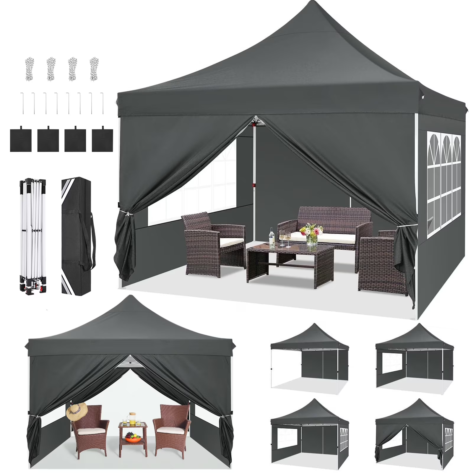 Hoteel 10x10 Pop Up Canopy Tent with 3 Sidewalls, Commercial Party Tent Ez Waterproof Outdoor Instant Gazebo UV 50+ Event Shelter, Garden Tents for Parties Camping with Sandbags & Cover Bag
