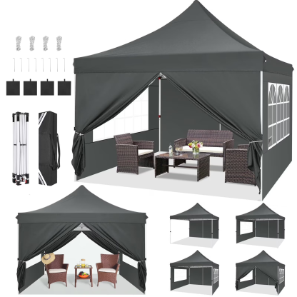 Hoteel 10x10 Pop Up Canopy Tent with 3 Sidewalls, Commercial Party Tent Ez Waterproof Outdoor Instant Gazebo UV 50+ Event Shelter, Garden Tents for Parties Camping with Sandbags & Cover Bag