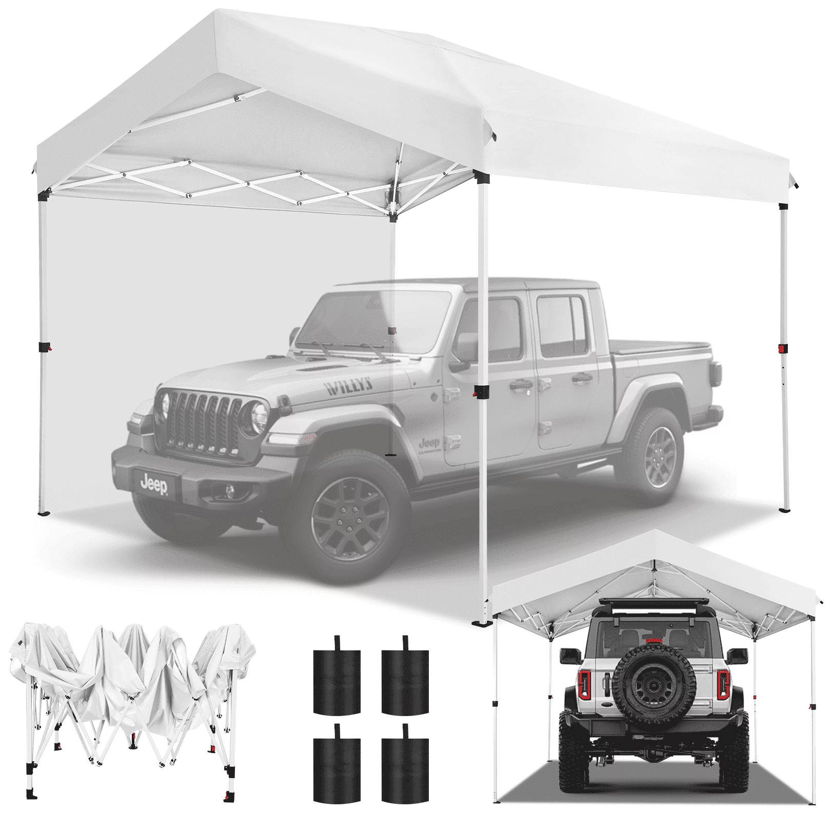 Hoteel 10x10 Carport Canopy Tent with 1 Sidewall, 3 Adjustable Height Portable Garage, Instant Outdoor Carports with 8 Stakes, 4 Sandbags & Ropes for Motorcycle, Garden Tool, Commercial