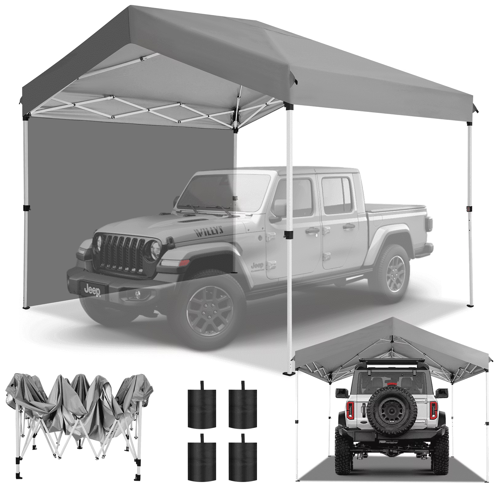 Hoteel 10x10 Carport Canopy Tent with 1 Sidewall, 3 Adjustable Height Portable Garage, Instant Outdoor Carports with 8 Stakes, 4 Sandbags & Ropes for Motorcycle, Garden Tool, Commercial