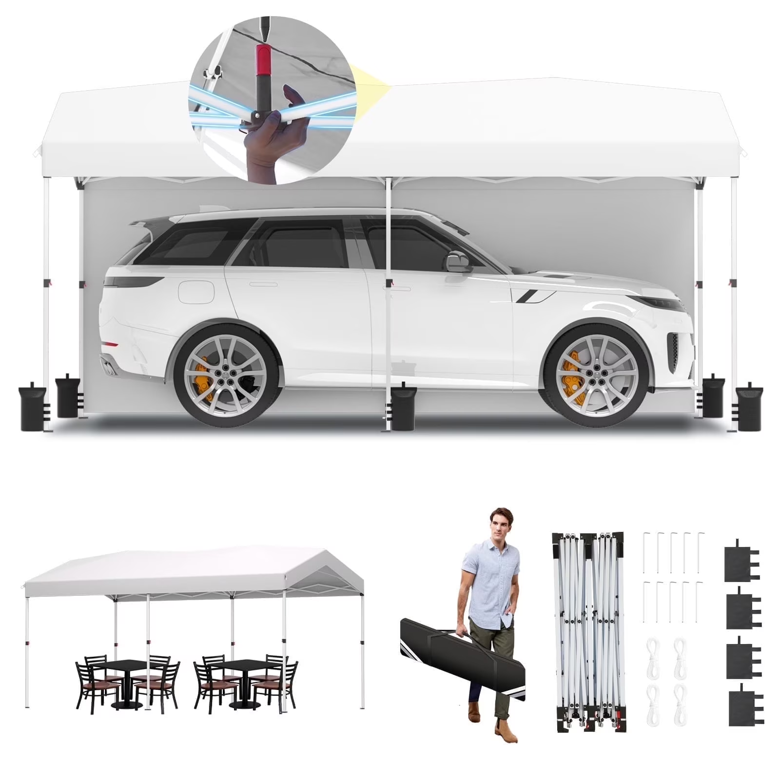 Hoteel 10x10 Carport Canopy Tent with 1 Sidewall, 3 Adjustable Height Portable Garage, Instant Outdoor Carports with 8 Stakes, 4 Sandbags & Ropes for Motorcycle, Garden Tool, Commercial
