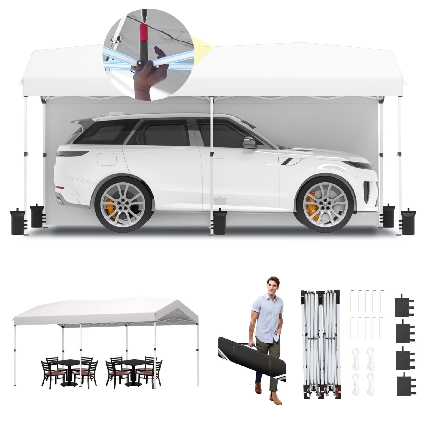 Hoteel 10x10 Carport Canopy Tent with 1 Sidewall, 3 Adjustable Height Portable Garage, Instant Outdoor Carports with 8 Stakes, 4 Sandbags & Ropes for Motorcycle, Garden Tool, Commercial