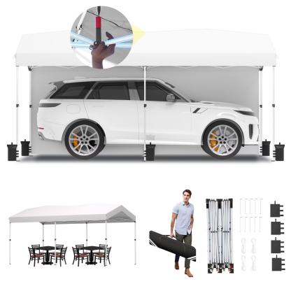 Hoteel 10x10 Carport Canopy Tent with 1 Sidewall, 3 Adjustable Height Portable Garage, Instant Outdoor Carports with 8 Stakes, 4 Sandbags & Ropes for Motorcycle, Garden Tool, Commercial