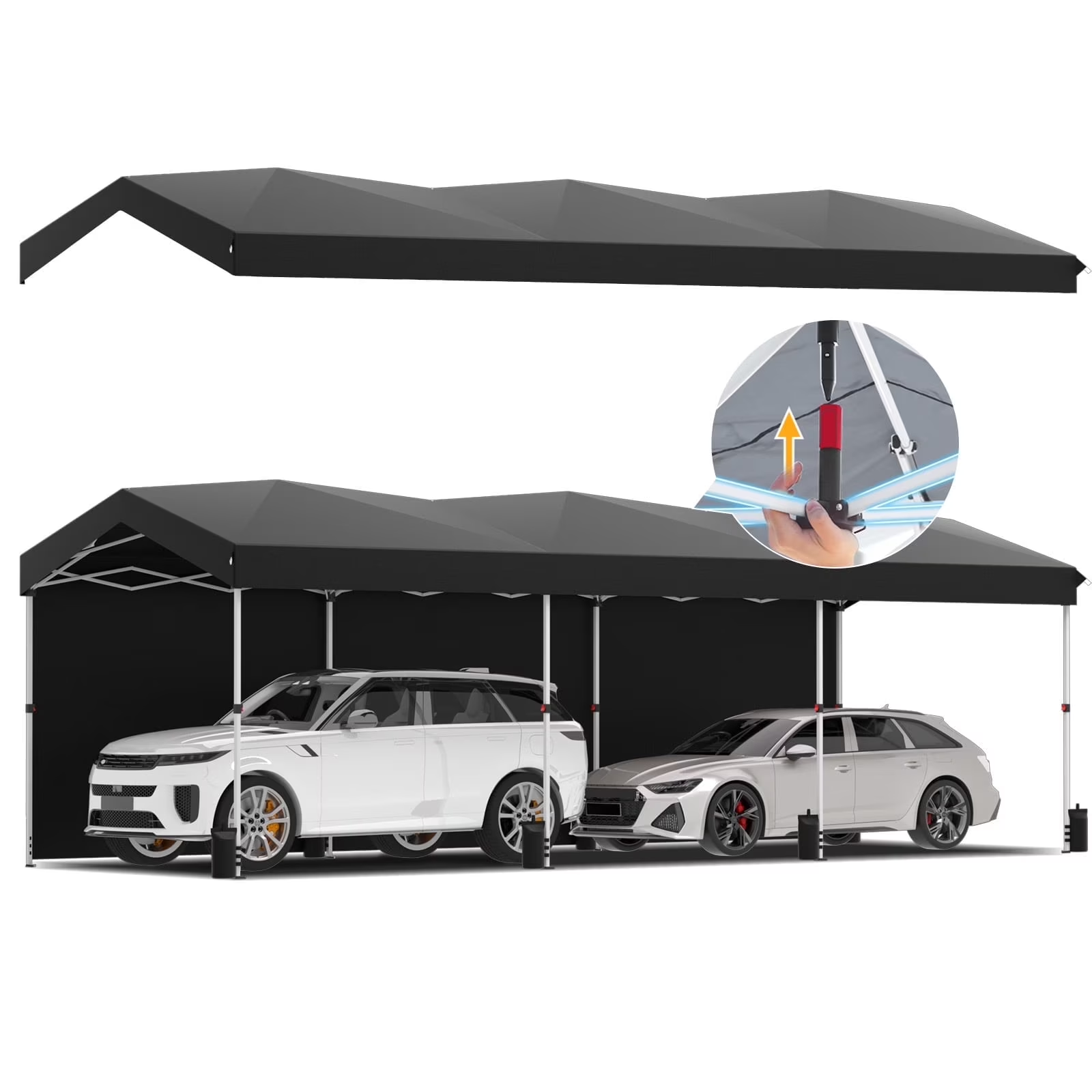 Hoteel 10x10 Carport Canopy Tent with 1 Sidewall, 3 Adjustable Height Portable Garage, Instant Outdoor Carports with 8 Stakes, 4 Sandbags & Ropes for Motorcycle, Garden Tool, Commercial