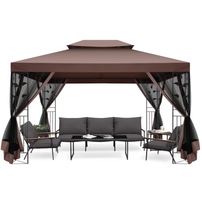 HOTEEL Outdoor Gazebo, Garden Tent for Patio Canopy with Leaf Screen Steel Frame and Mosquito Netting, Double Roof Canopy Tent for Deck, Backyard, Garden and Lawns