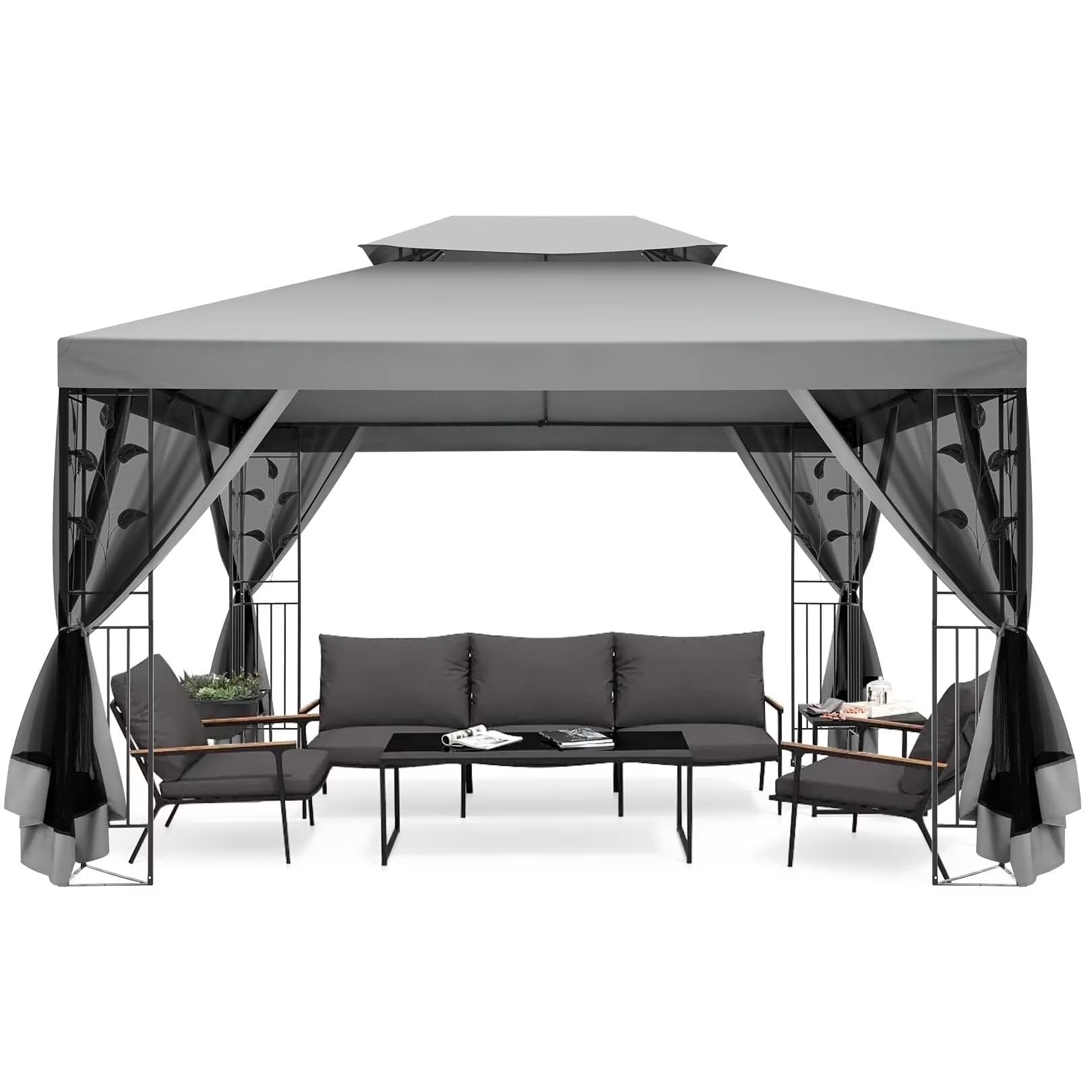 HOTEEL Outdoor Gazebo, Garden Tent for Patio Canopy with Leaf Screen Steel Frame and Mosquito Netting, Double Roof Canopy Tent for Deck, Backyard, Garden and Lawns