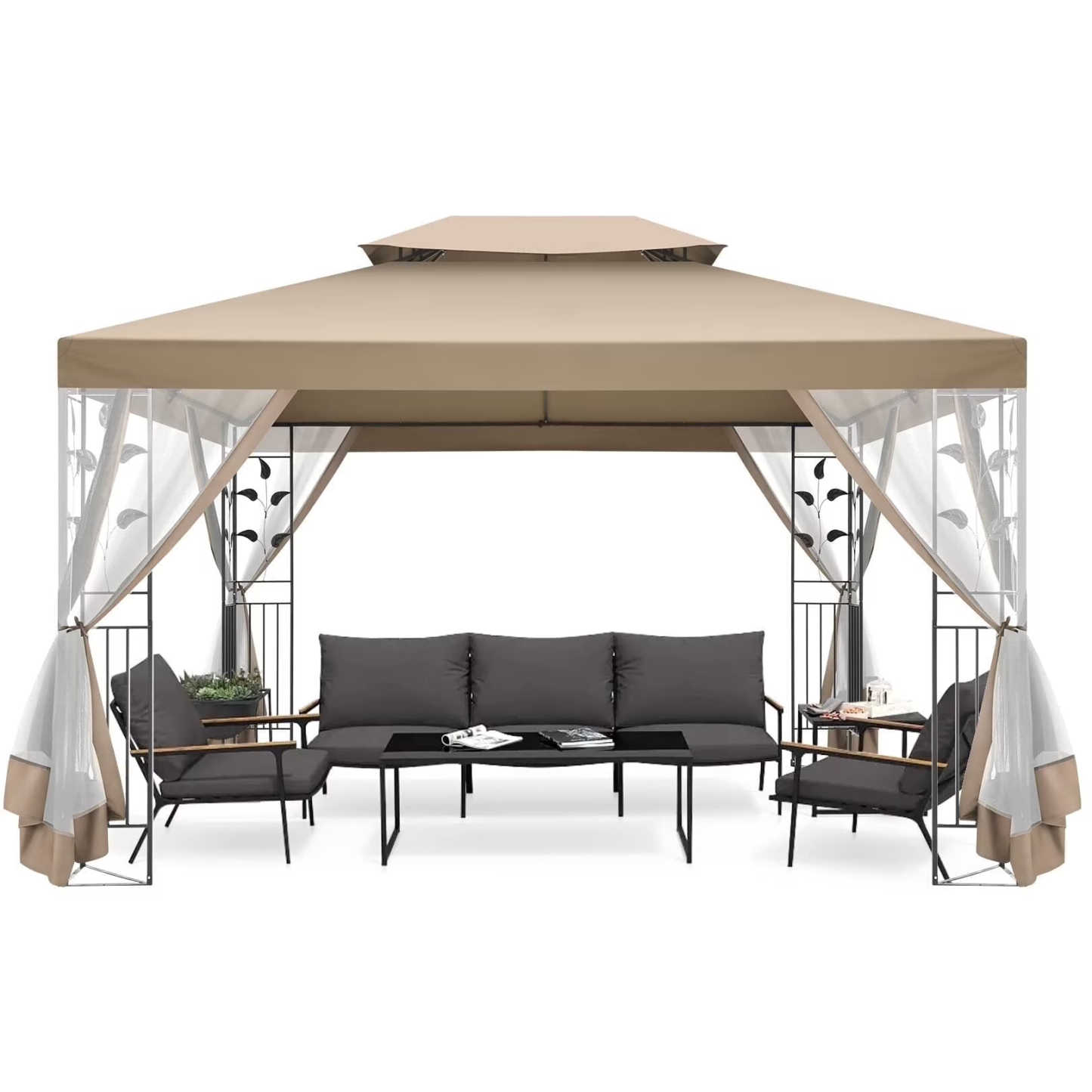 HOTEEL Outdoor Gazebo, Garden Tent for Patio Canopy with Leaf Screen Steel Frame and Mosquito Netting, Double Roof Canopy Tent for Deck, Backyard, Garden and Lawns