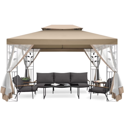 HOTEEL Outdoor Gazebo, Garden Tent for Patio Canopy with Leaf Screen Steel Frame and Mosquito Netting, Double Roof Canopy Tent for Deck, Backyard, Garden and Lawns