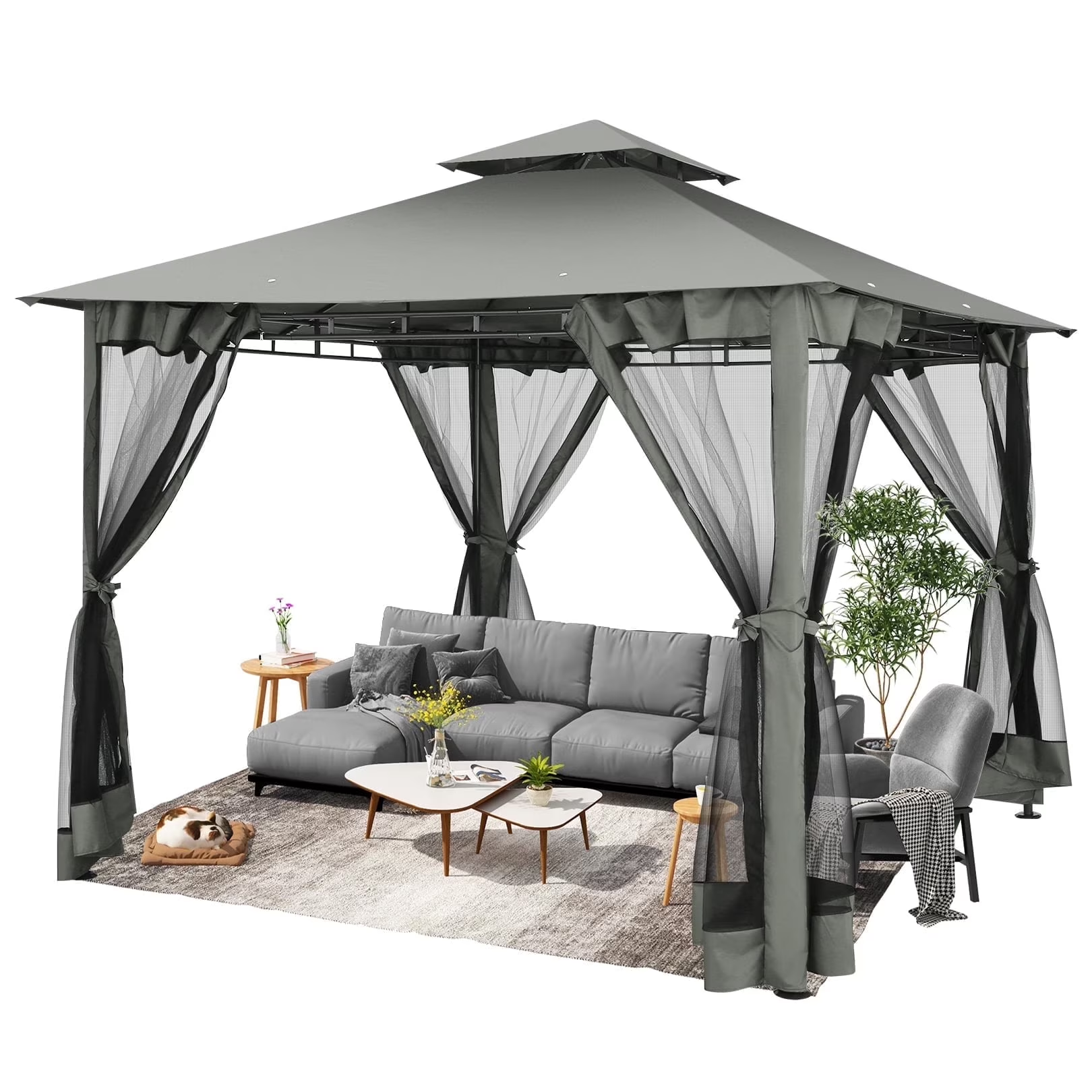 HOTEEL Outdoor Gazebo, Garden Tent for Patio Canopy with Leaf Screen Steel Frame and Mosquito Netting, Double Roof Canopy Tent for Deck, Backyard, Garden and Lawns