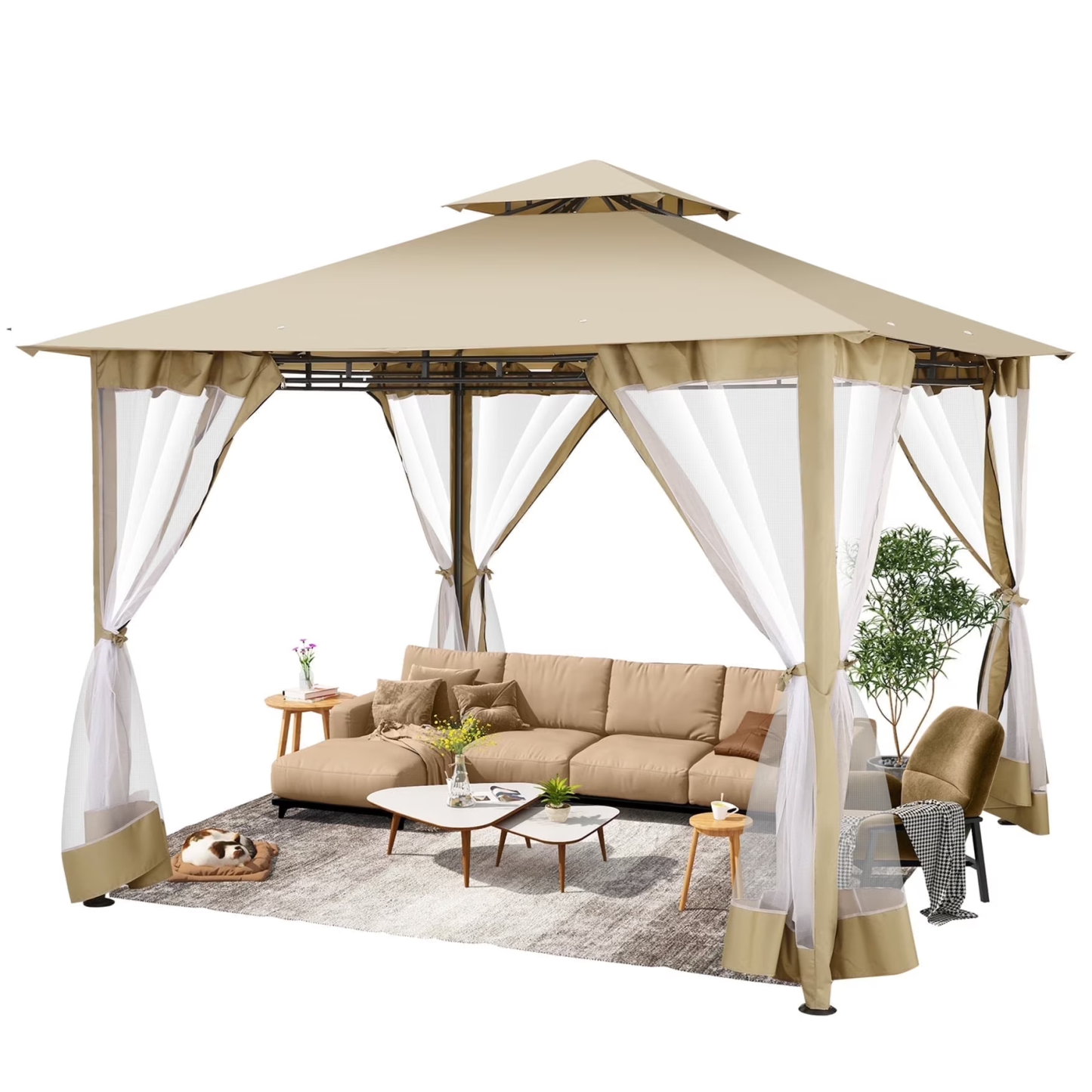 HOTEEL Outdoor Gazebo, Garden Tent for Patio Canopy with Leaf Screen Steel Frame and Mosquito Netting, Double Roof Canopy Tent for Deck, Backyard, Garden and Lawns